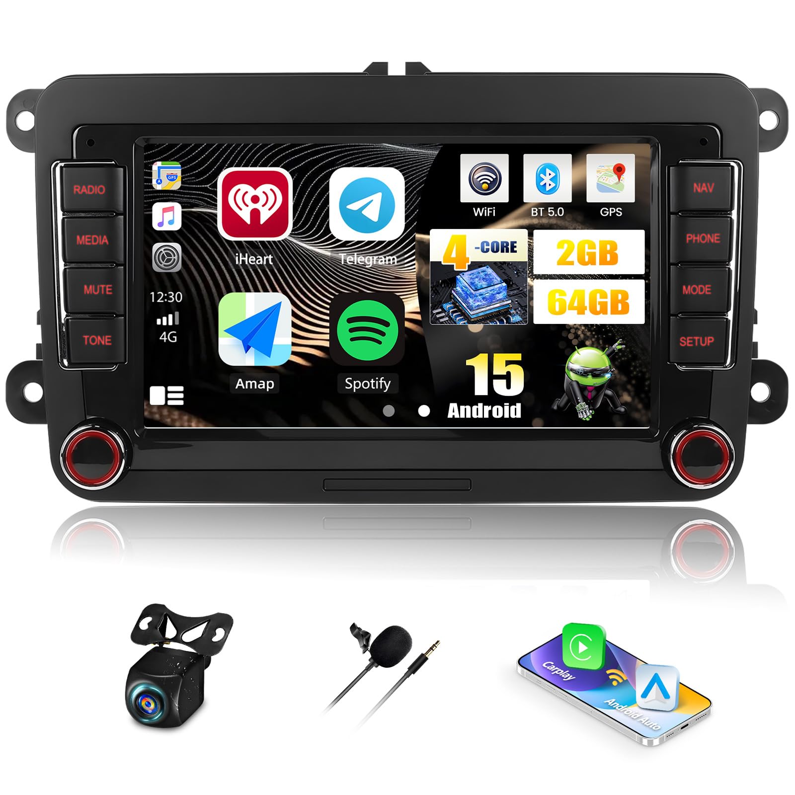 2+64G CAMECHO Android 15 Carplay Autoradio pour VW Golf 5 6 Polo 5 T5 Skoda Passat B6 B7 Seat, Nav sans Fil Android Auto, 7" Radio pour Golf 5 WiFi Bluetooth Lien Miroir FM/RDS +Caméra de Recul