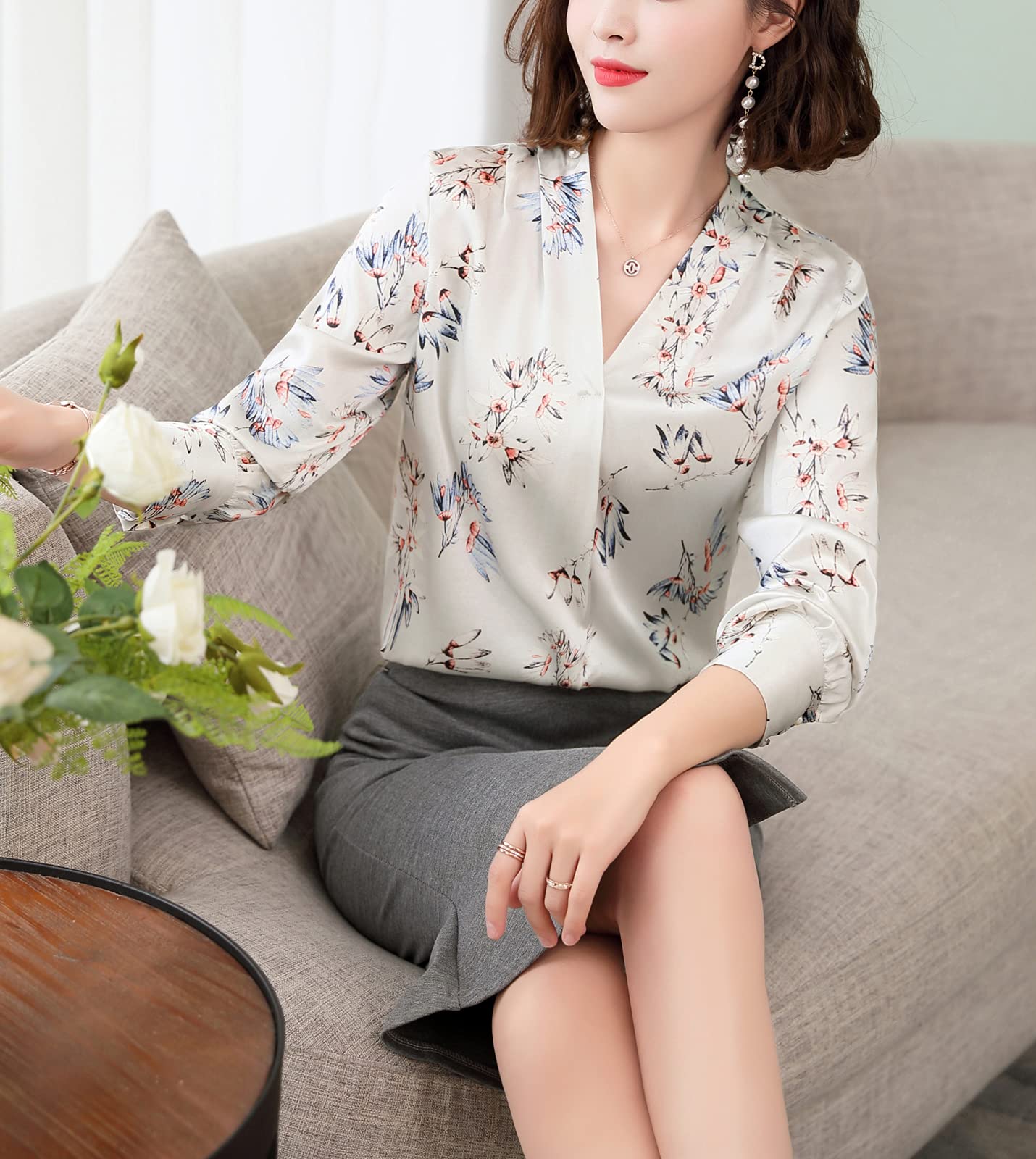 Valin Blusa de seda para mujer con estampado de puente, blusa de manga larga con cuello en V, blusa de seda,S1922