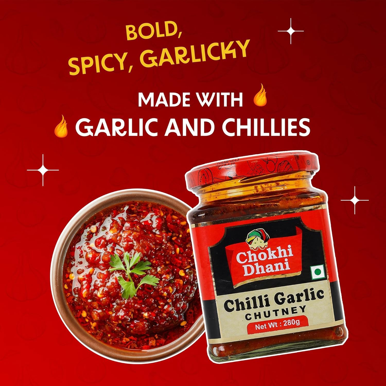 Chokhi Dhani Chilli Garlic Chutney 280g & Mango Chutney 300g Combo | Sweet & Spicy Indian Chutney Duo | Authentic Indian Flavours | Sandwich Spread, Dip & Meal Accompaniment 1