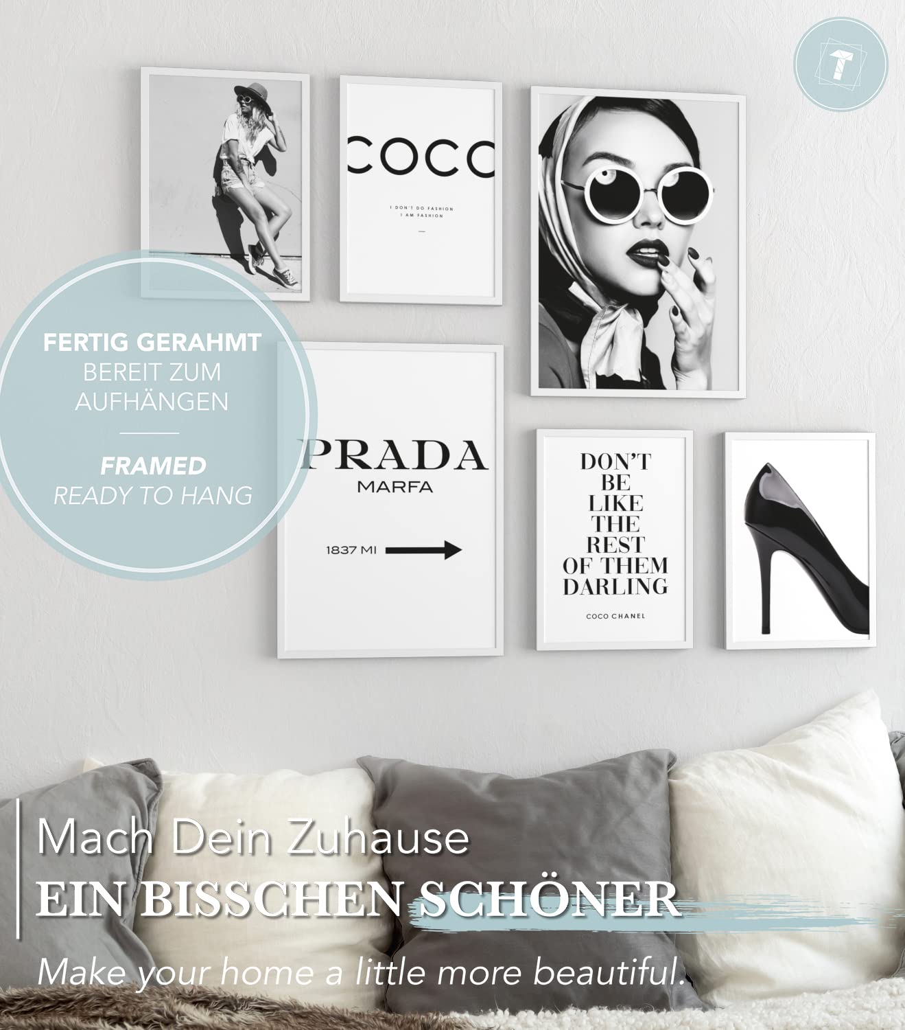 Papierschmiede® Mood Poster Set Coco blanco-negro, Cuadros enmarcados en marcos de madera negros, Living y dormitorio, 2x A3 y 4x A4, Glamour Estilo de vida Moda