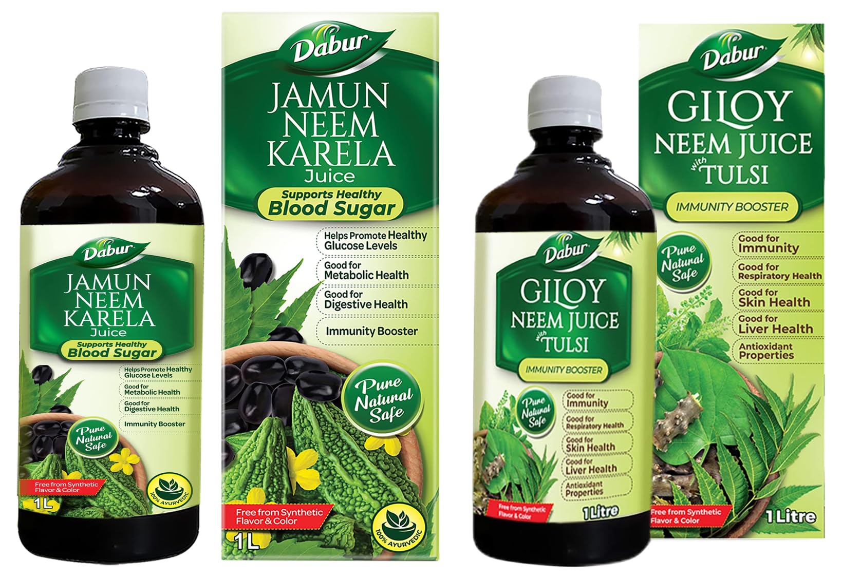 Dabur Jamun Neem Karela Juice: Ayurvedic Health for Immunity Boosting-1L & Giloy Neem Tulsi Juice -1L