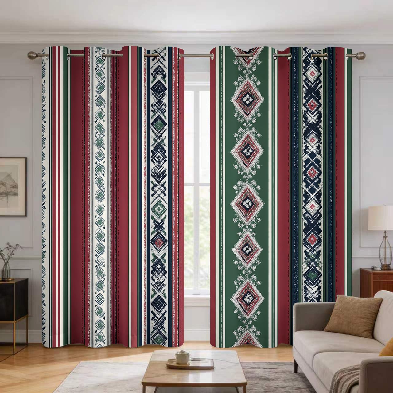 Rideau motif aztèque pour réchauffer l'ambiance du salon ethnique