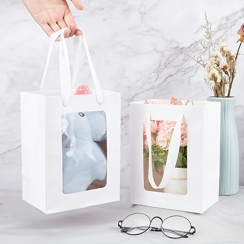 Miniatura 3 de BENECREAT Paquete de 10 bolsas de papel kraft blanco con ventana transparente de 8 x 6 x 4 pulgadas, bolsas de regalo con asa para recuerdo de boda,