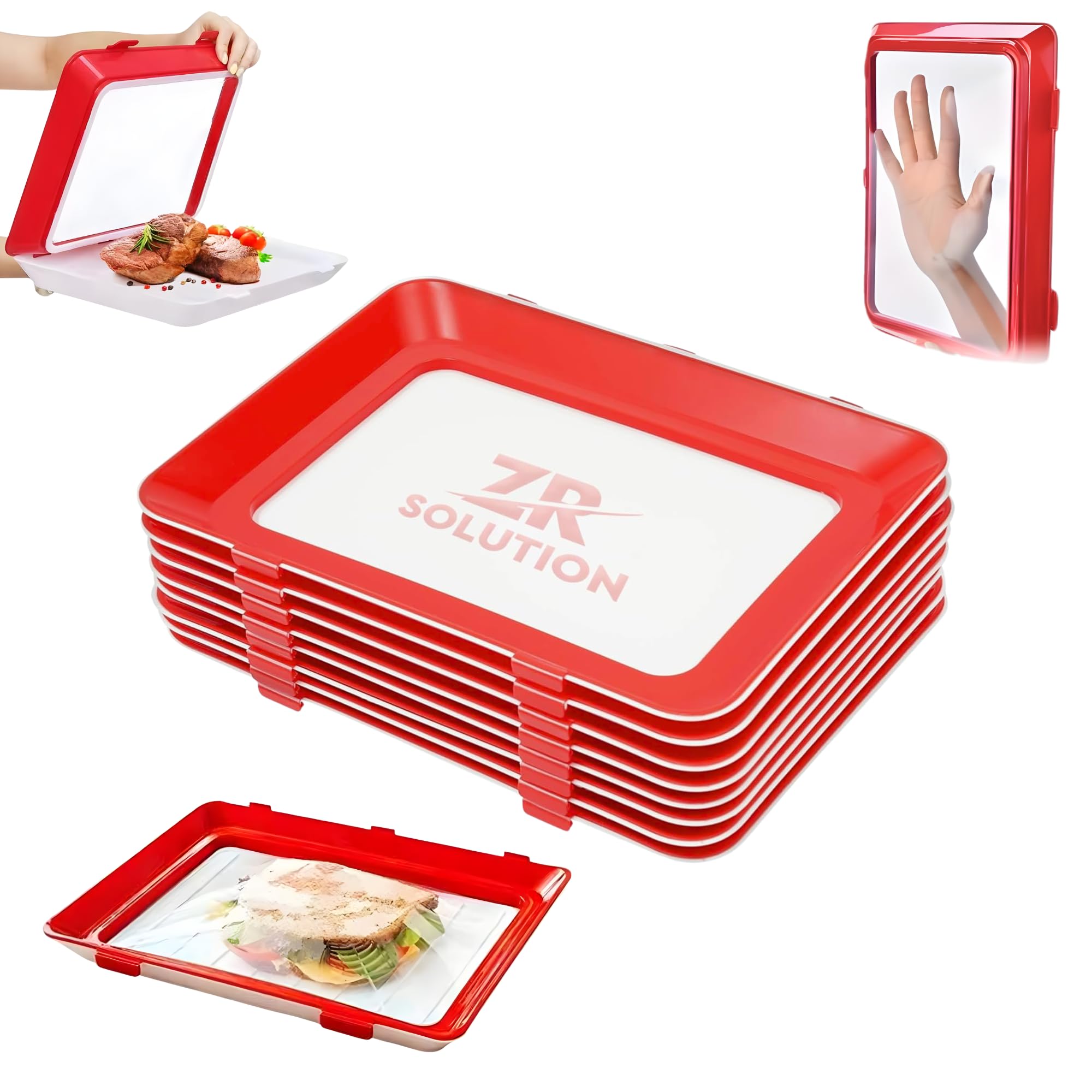 Zr Solutions Red Stretch Fresh Storage Trays Reusable Stackable Food Preservation Trays Airtight Silicone Stretch Lid Fridge Storage Organiser Cold Meat Deli Bacon 12 X 9 Inch Food Storage Trays (4)