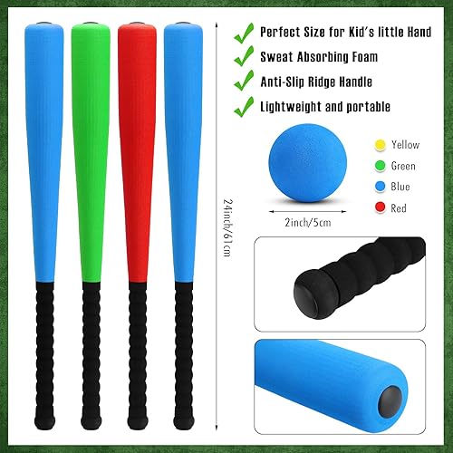 Miniatura 3 de Wettarn Juego de 4 bates de béisbol de espuma de 24 pulgadas con pelotas de béisbol suaves y seguras, juego de pelota en T para deportes al aire