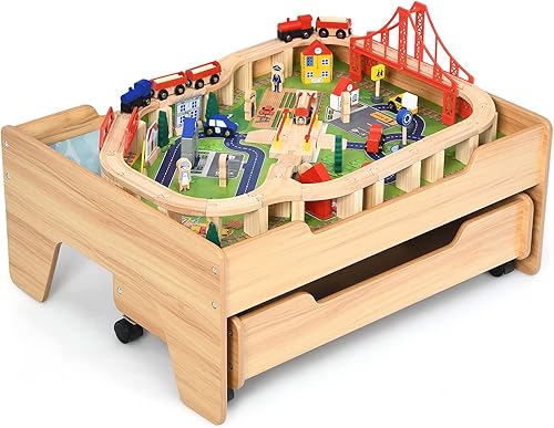 HONEY JOY Mesa de tren mesa de actividades de madera para niños con cajón de almacenamiento 100 piezas multicolor pistas trenes autos juego de mesa