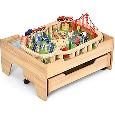 KidKraft Double-Sided Wooden Train and Activity Table with Built-in Storage Drawer, Natural, Gift for Ages 3+