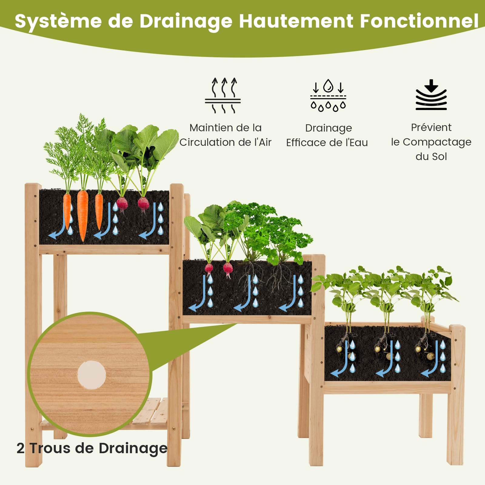 RELAX4LIFE Carré Potager Surélevé à 3 Étages en Bois | Jardinière Extérieure avec 3 Bacs à Plantes, Trous de Drainage et Étagère de Rangement Ouverte pour Fruits et Légumes