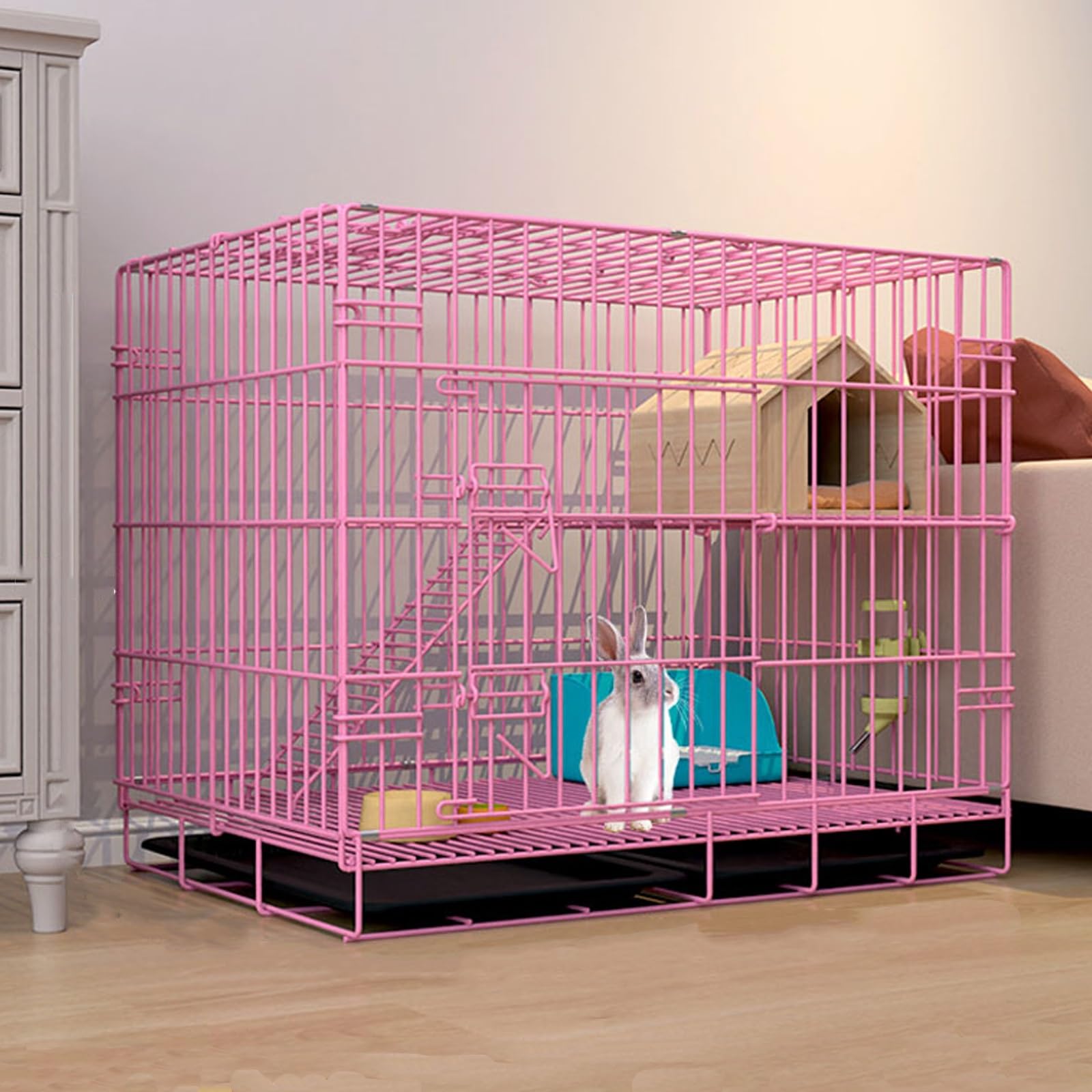 beaka 2-Story Rabbit Cage Indoor Bunny Hutch Folding Metal Bunny Crate With Pull-out Tray Guinea Pig Cage Small Animals House For Ferret, Chinchilla, Hedgehog (Color : Pink, Size : 70 * 50 * 60cm)