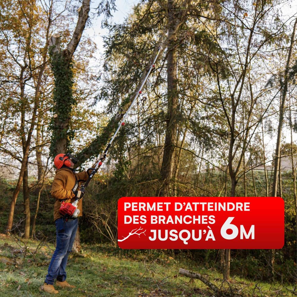 Elagueuse thermique sur perche - Moteur 2 temps 52 cm3-3 rallonges extensions - Longueur totale 5.06m - Guide chaîne 30cm