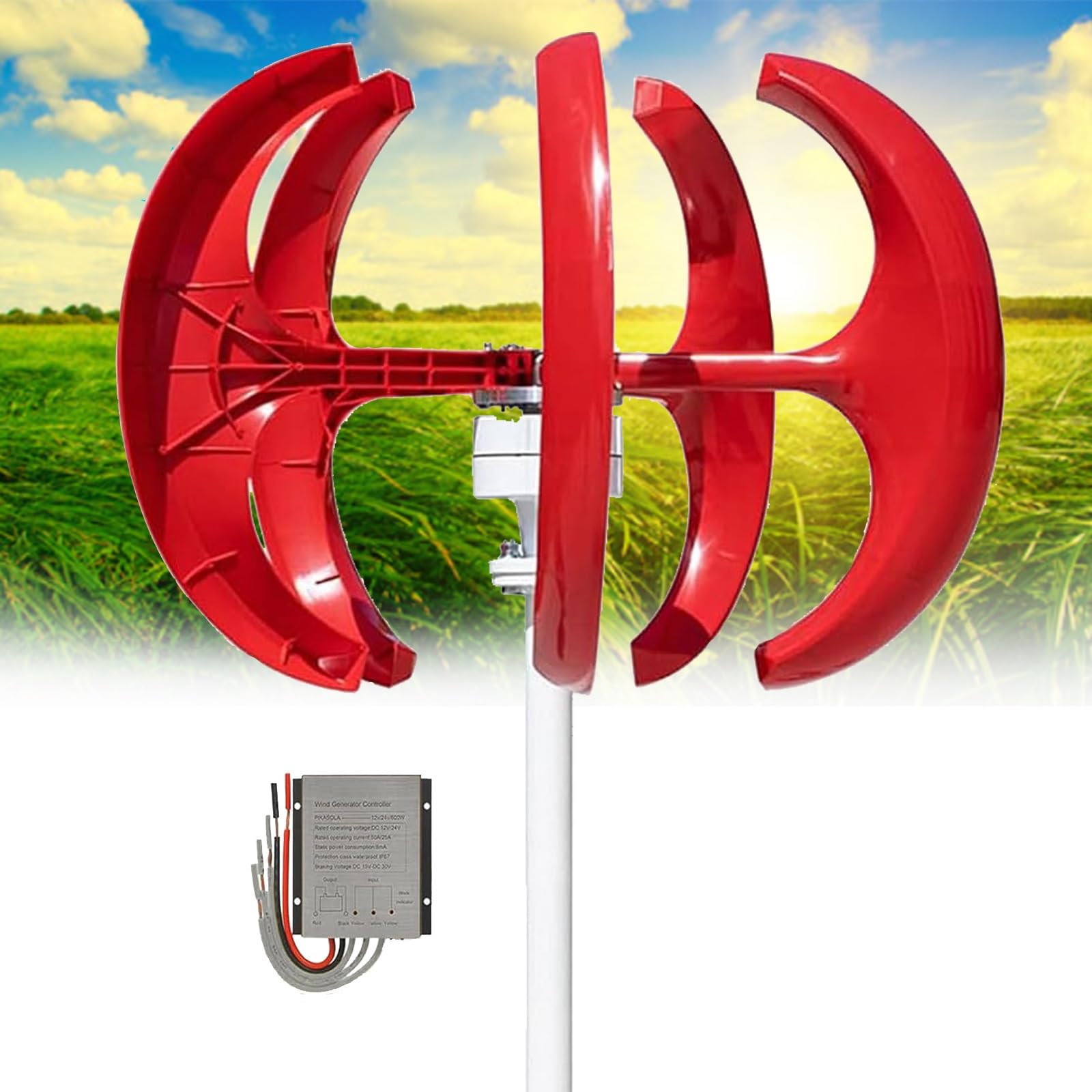 Generatore eolico ad asse verticale da 16000W, tipo lanterna, 12V, 24V, 48V, con regolatore e generatore a magnete permanente per tetti, strade e camper.(Red,24V)