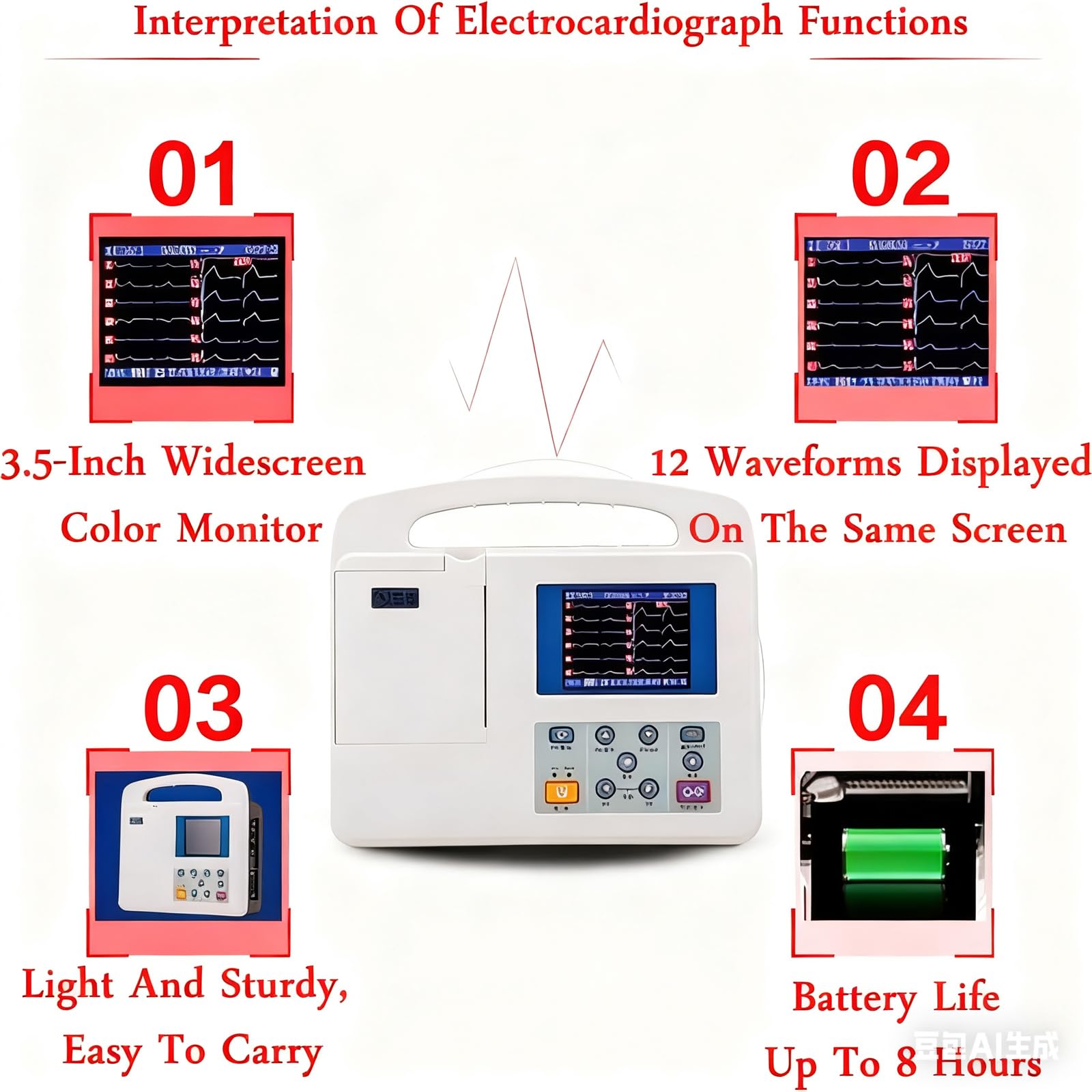 Tragbares EKG-Gerät, 12-K-Digital-EKG-Herzmonitor Mit Farb-LCD-Display und Thermodruckpapier, Professioneller EKG-Patientenmonitor Für Krankenhaus, Klinik, Intensivstation Und Heimgebrauch