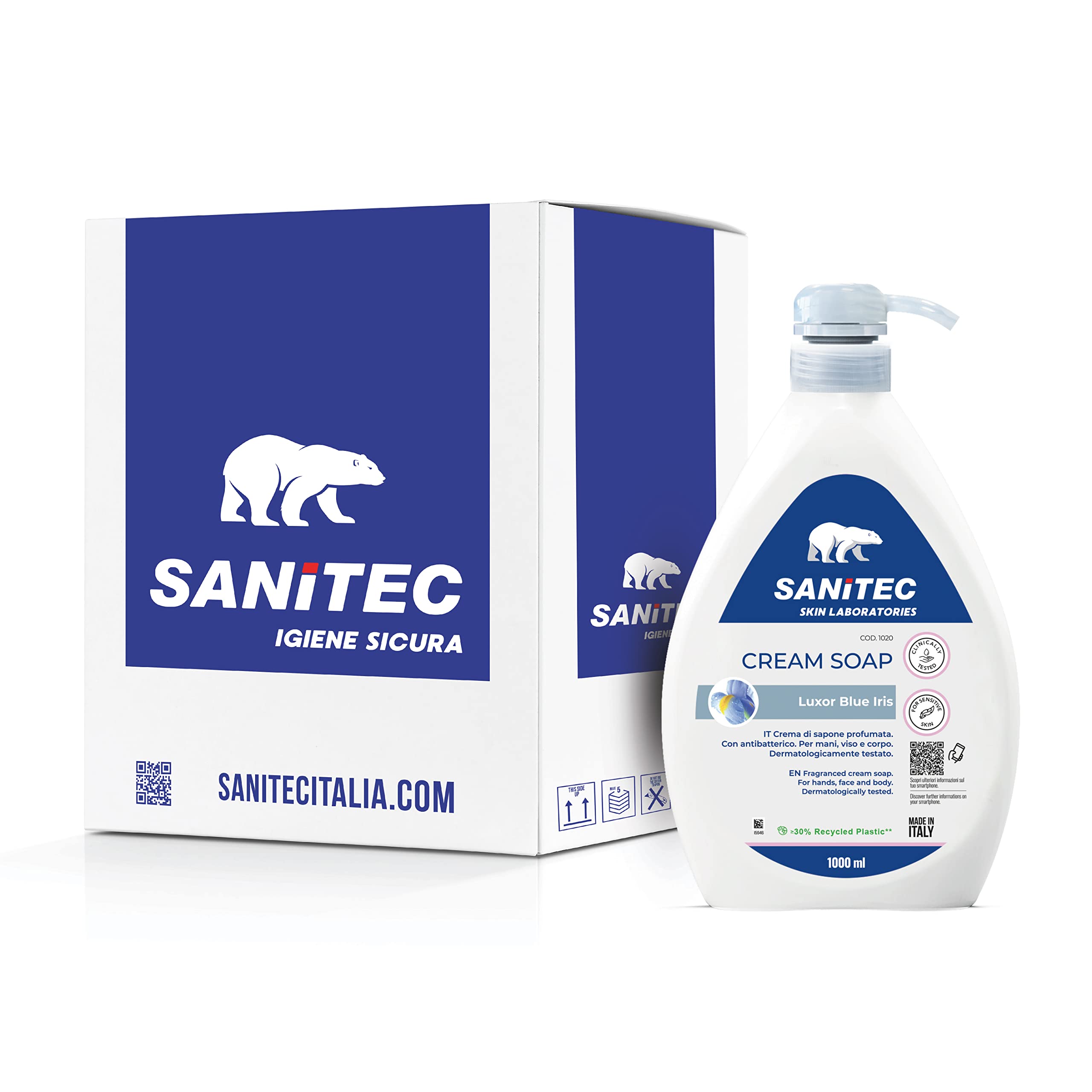 SANITEC igiene sicura Luxor Blue Iris, Crema di Sapone Profumata Idratante con Glicerina e Antibatterico, Deterge le Mani, pH 5.5, Dermatologicamente Testato, Made in Italy, 6 Flaconi da 1L 6000ml