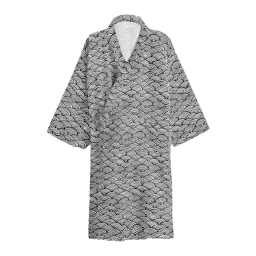 Kimono Robe for Both Men and Women Bathrobe Sleepwear Nightgown Unisex, Black & White Wave, One Size
