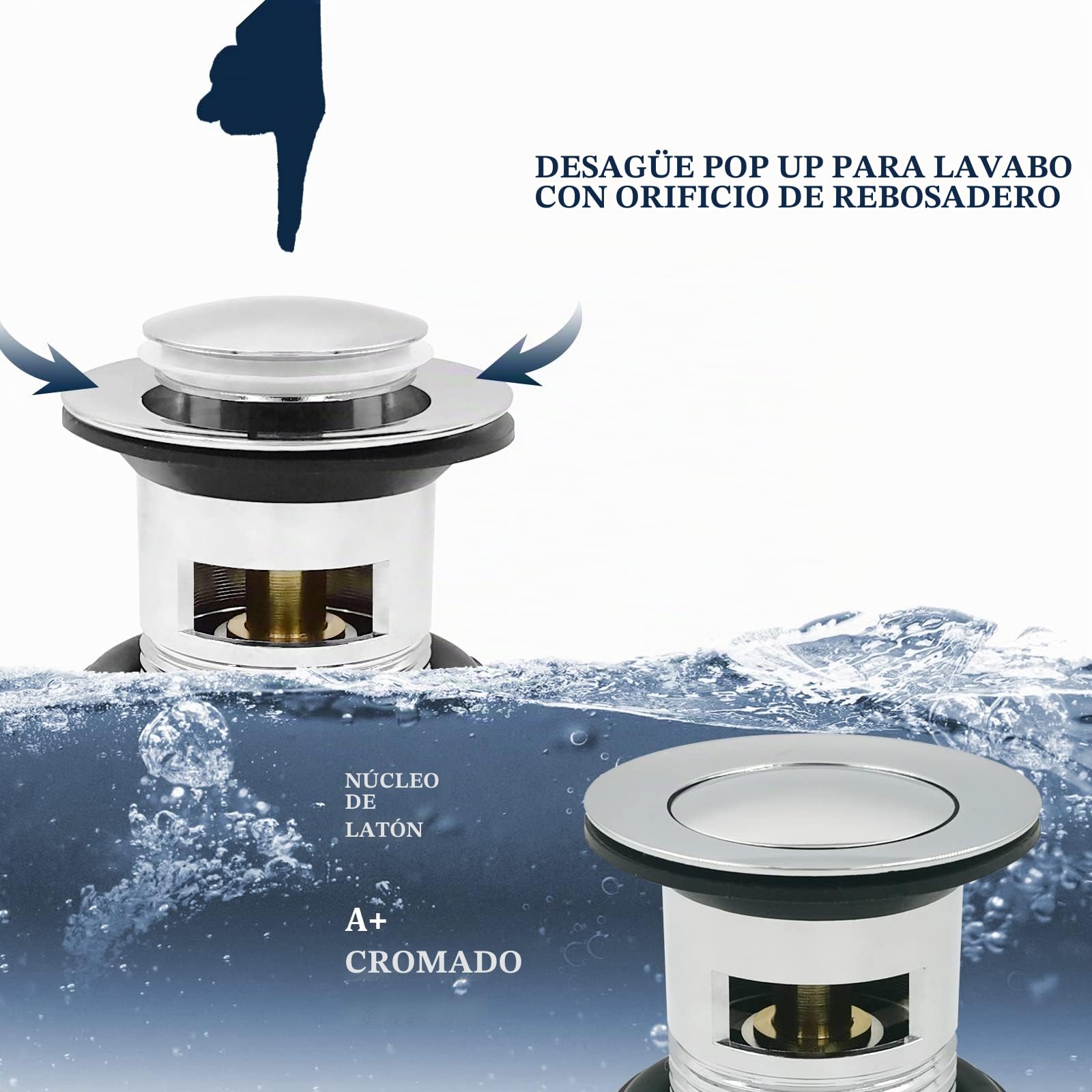 Grifos de lavabo cuadrados de cascada con desagüe, grifos monomando de latón cromado monobloque con tapón de fregadero 612M