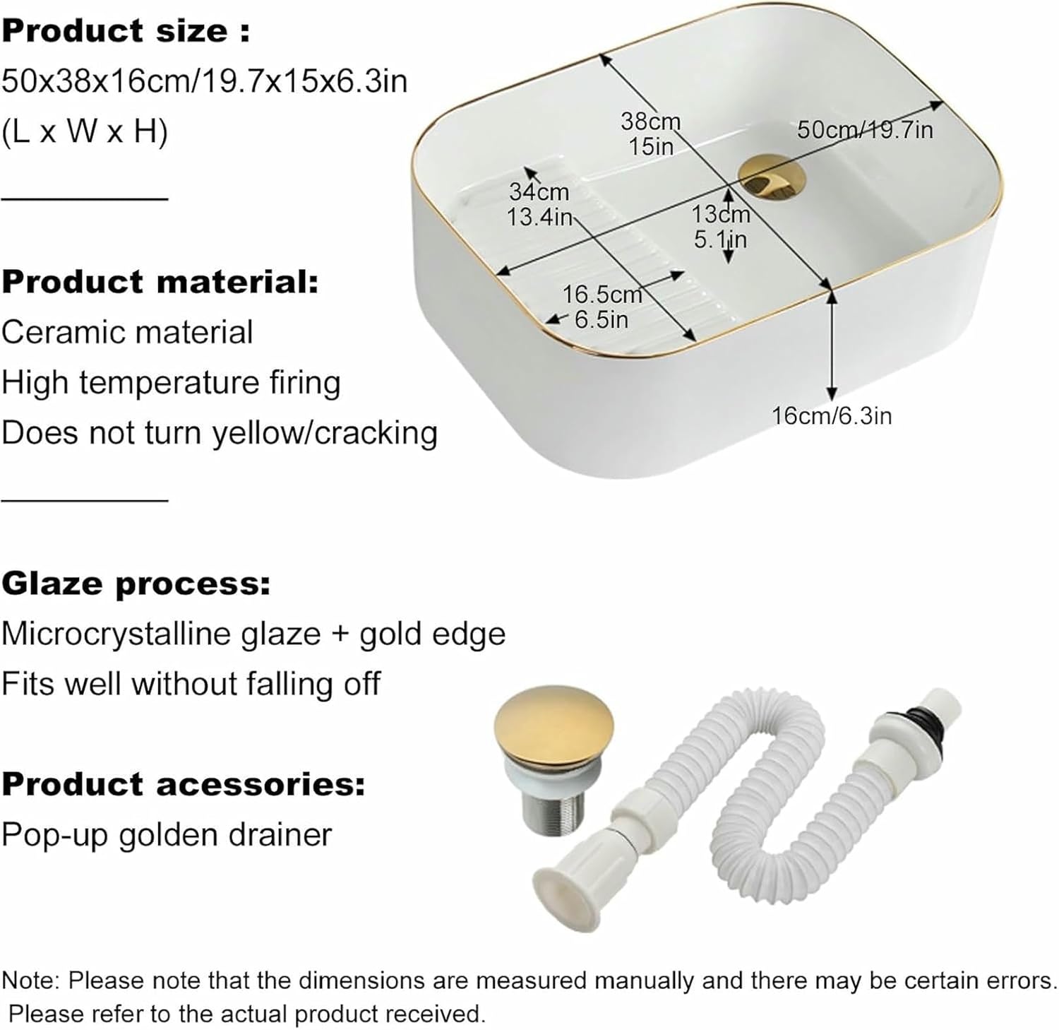 White Bathroom Ceramic Sink,Bathroom Sinks Above Counter,Laundry Sink with Washboard,with Drainer, Suitable for bathrooms, Balconies, (Size : 50 * 38)