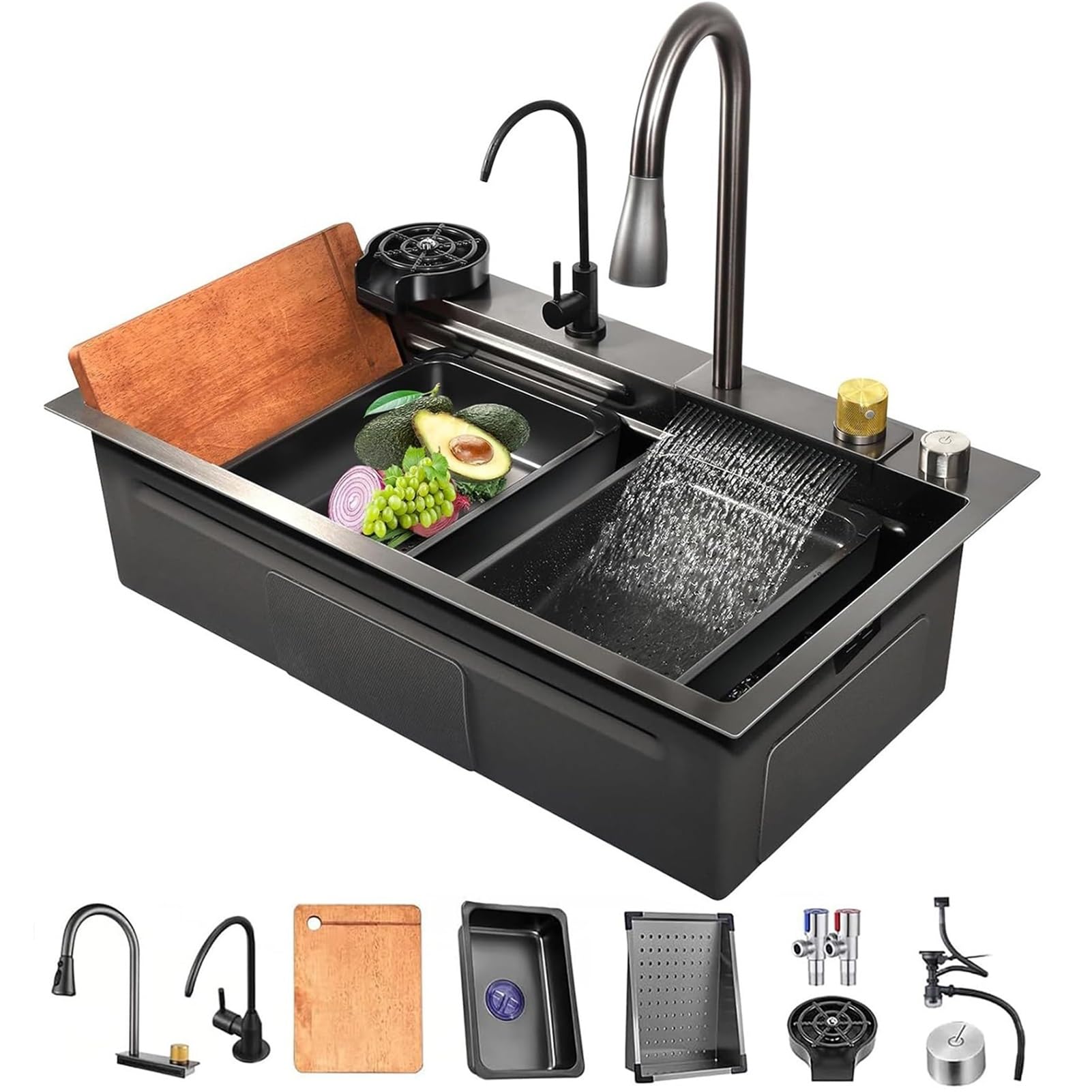 ZQFHSX 75cm Stainless Steel Single Bowl Sink, Waterfall-Style Nano Kitchen Drop in Large Capacity Workstation Sink with Multi-Functional Accessories(A,75x45x22cm)