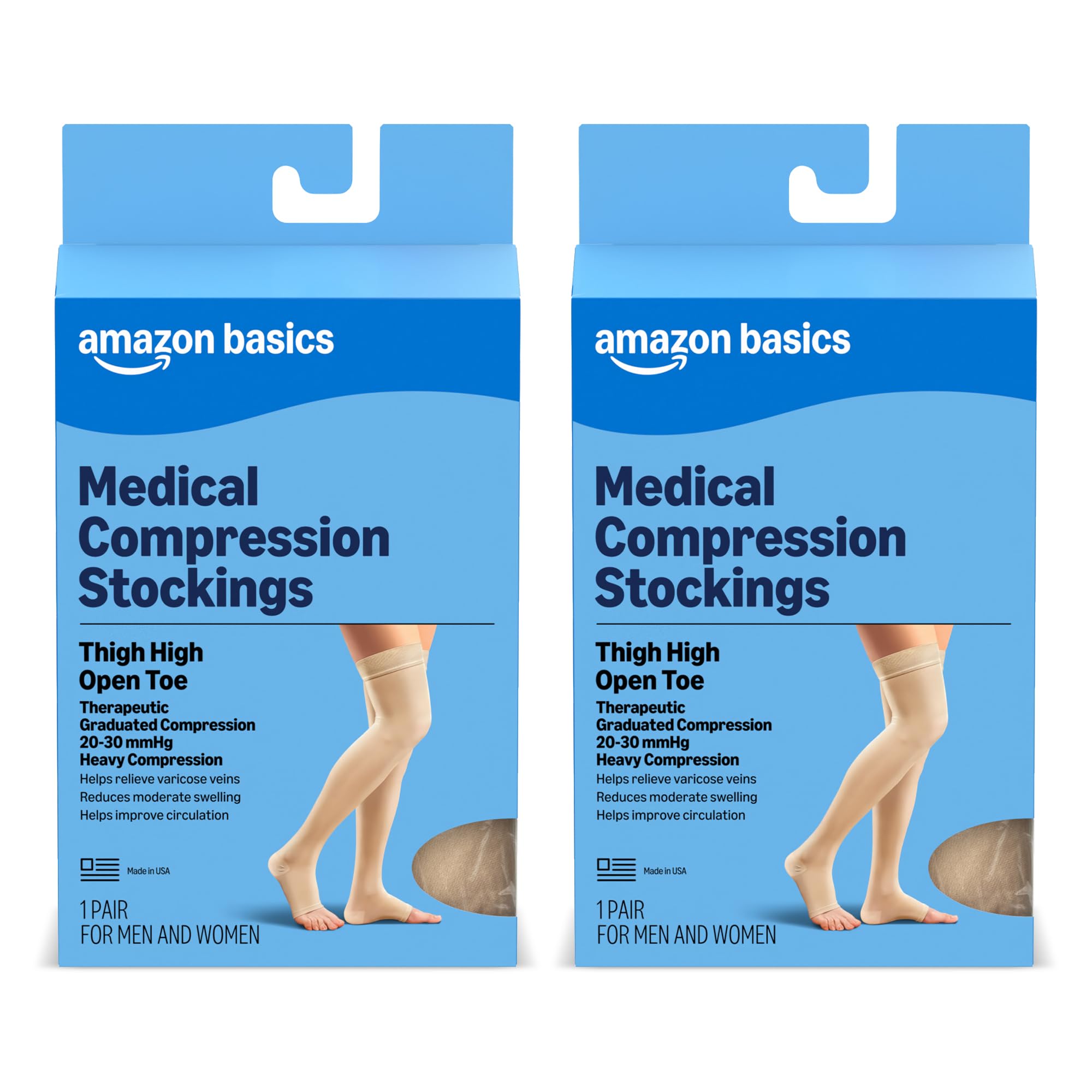 Amazon Basic Compression Stockings, 20-30 mmHg, Women & Men, Thigh Length | Open Toe | Beige | Small | Pack of 2 (Previously Amazon Basic Care)
