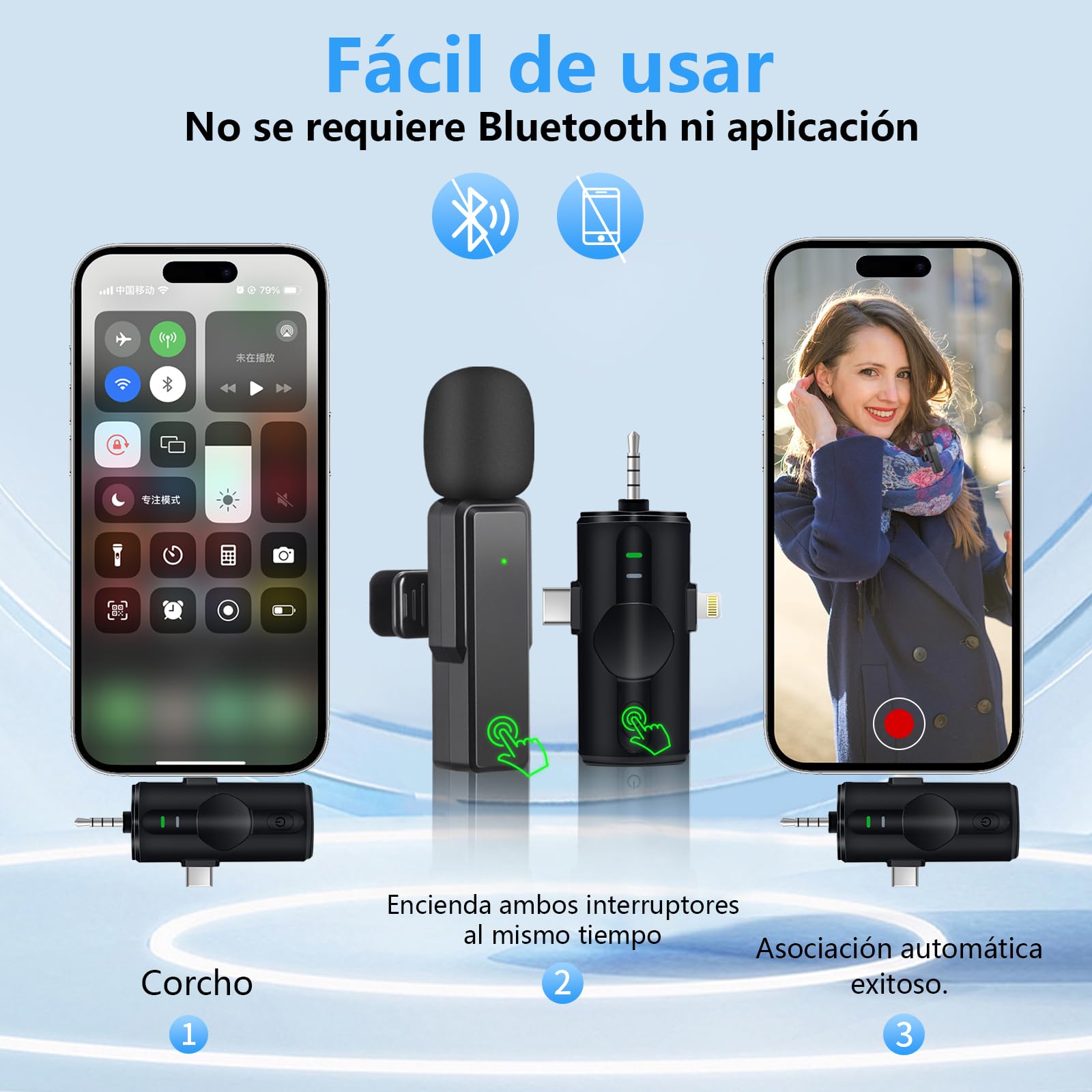 Micrófono-Lavalier-Inalámbrico, Microfono de Solapa 4 en 1 Mini Micrófono Inalámbrico Teléfono Móvil para iPhone/Android/PC, Microfono Plug-Play Inalambrico para Grabaciones TikTok Transmisión en Vivo