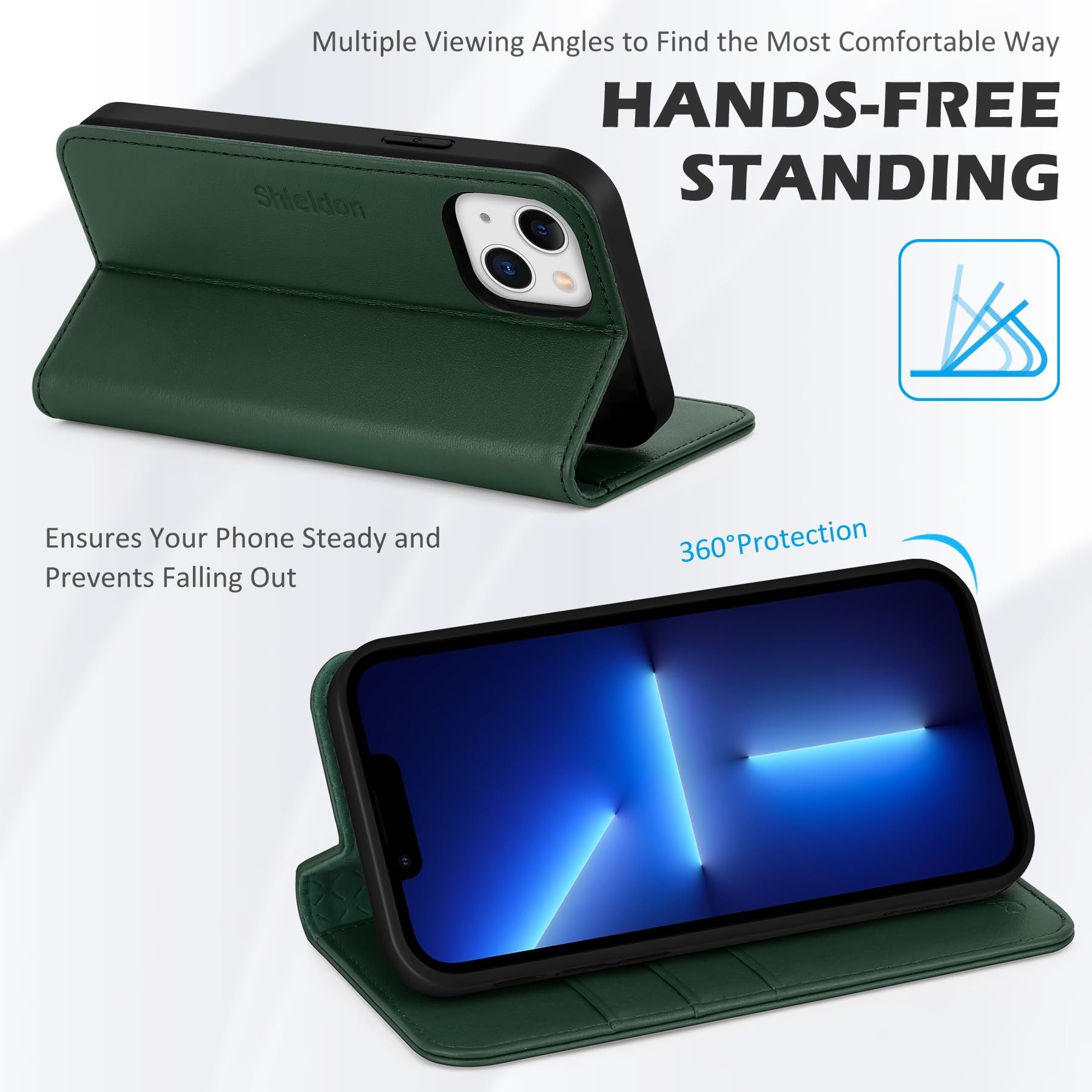 SHIELDON Etui Portfel do iPhone 13 6,1", Zielony | Prawdziwej Skóry, Etui na Karty, Blokada RFID, Podpórka, Zapięcie Magnetyczne, Etui z Klapką Odporną na Wstrząsy
