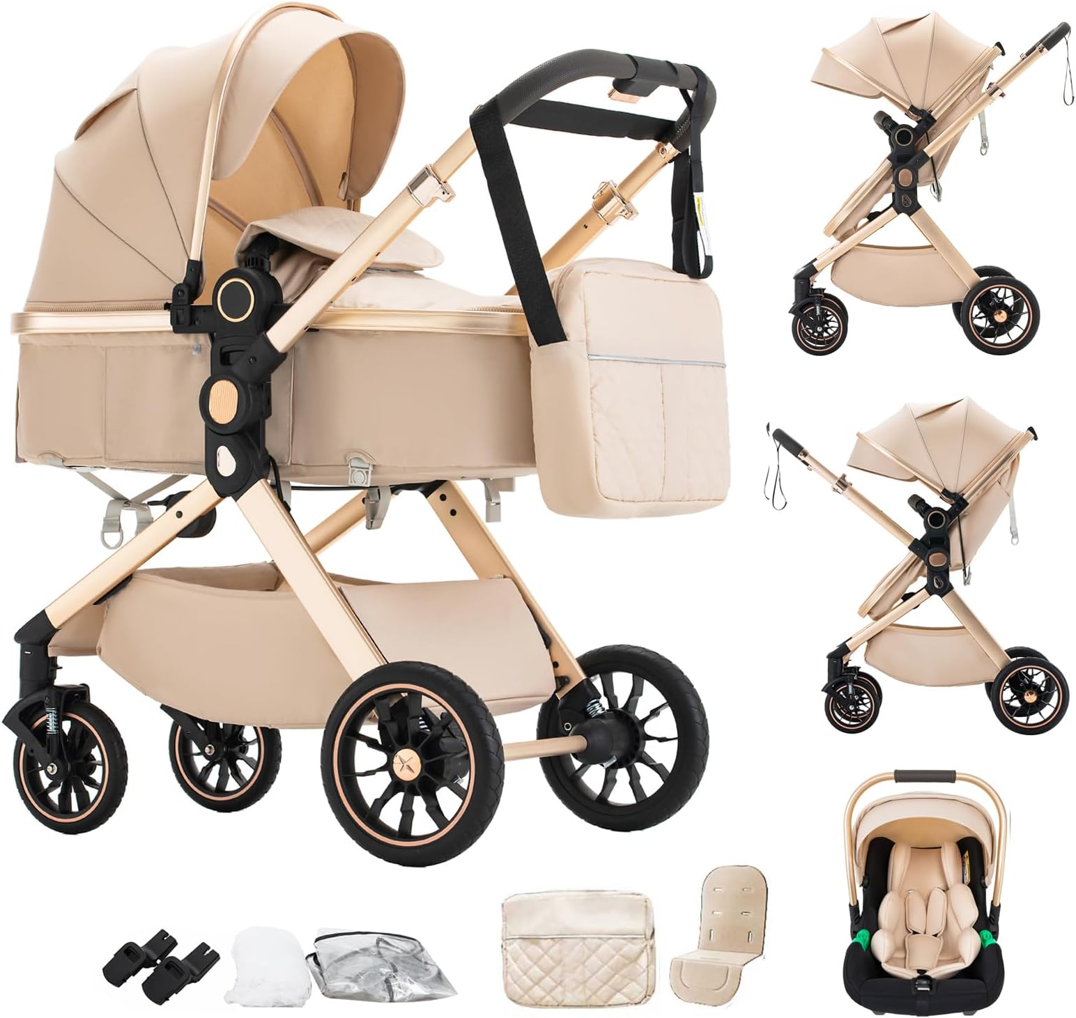 3 in 1 Baby Stroller with Height Adjustable Handle,3 in 1 Prams Travel System, Lightweight Foldable Pushchair, Prams with Aluminum Frame for Portable Baby Carriage (U9-X//Beige, U9-X)