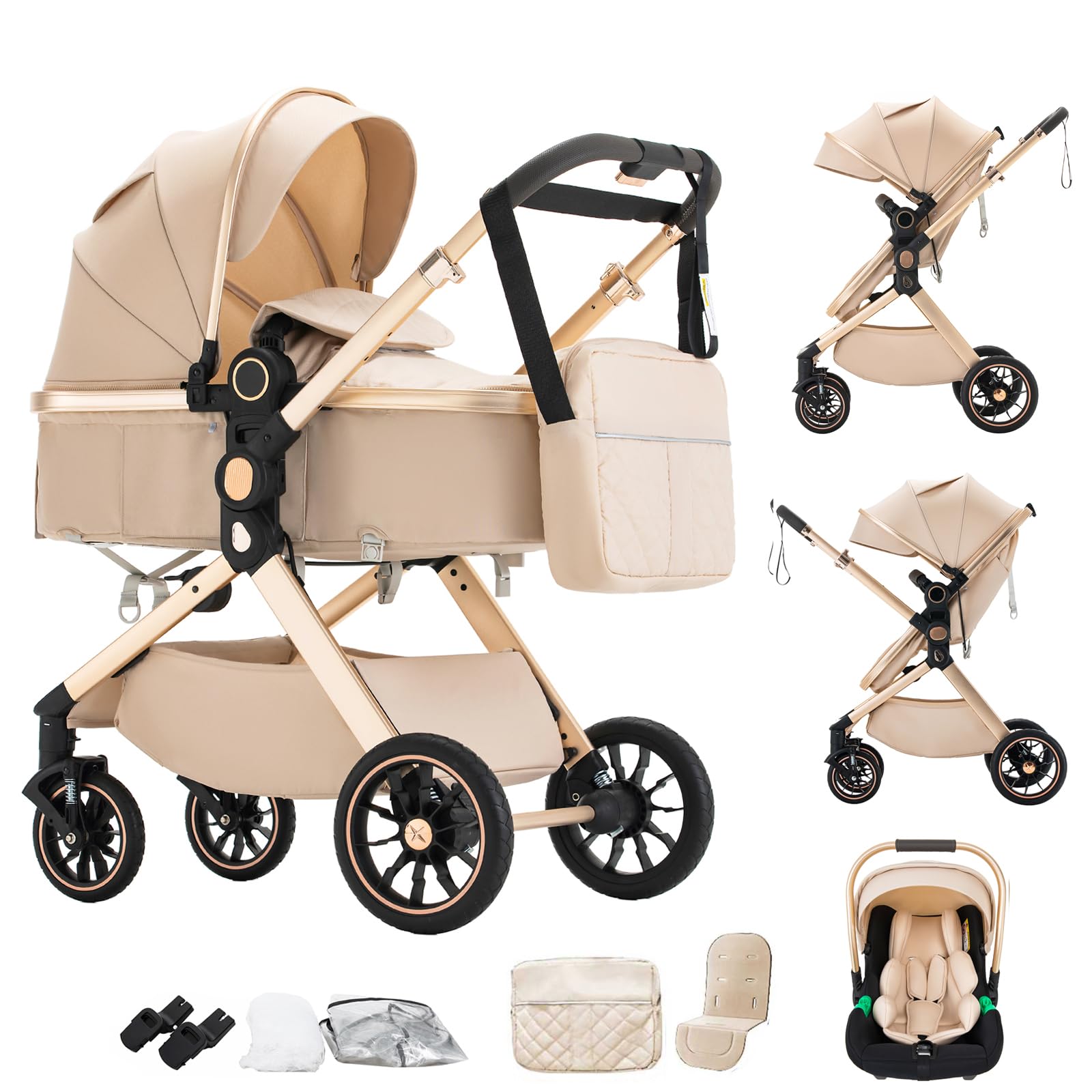 Shineey Kinderwagen 3 in 1, Alltags Buggy Faltbarer Kinderwagen Set, Kombikinderwagen 3 in 1 mit Großer Bequemer Babywanne, Laufwagen Rahmen Aluminiumlegierun (U9-X//BEIGE, U9-X)