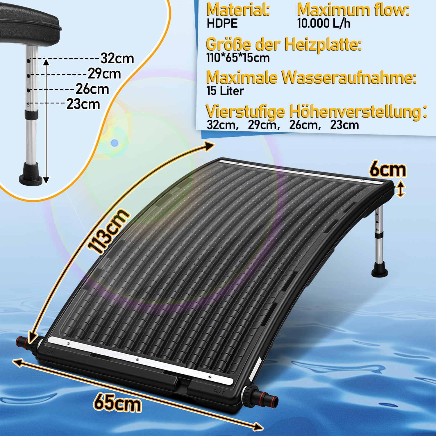 2026 Neu Solar Poolheizung, Solarkollektor 113 x 65 x 35cm Höhenverstellbar,Pool Solarheizung 10000 L/H,32-38mm Anschluss Poolheizung Erweiterbar,für Warmwasser Gartendusche Pool
