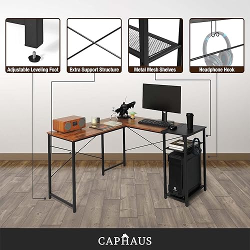 Miniatura 7 de CAPHAUS Escritorio para computadora, escritorio de oficina en casa en forma de L de 51 pulgadas con estantes de almacenamiento de 2 niveles,