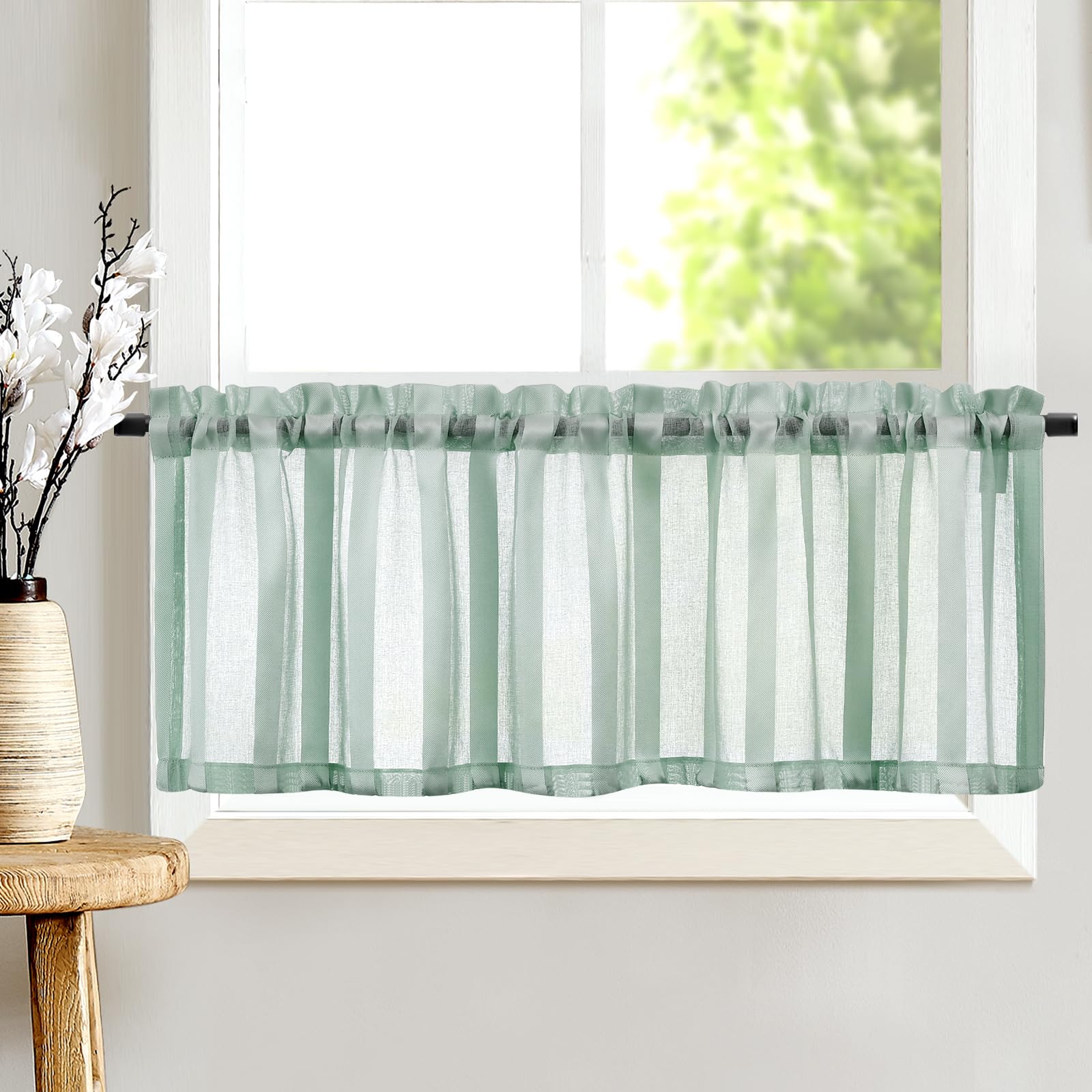 TOPICK Cortinas Cocina de Voile Rayadas para Cenefas Ventana con Bolsillo para Varilla Transparentes con Estilo de Bistro para Baño Pequeña Rústico Ventana Azul-Verde Juego de 1 Unidades 130x 35 cm
