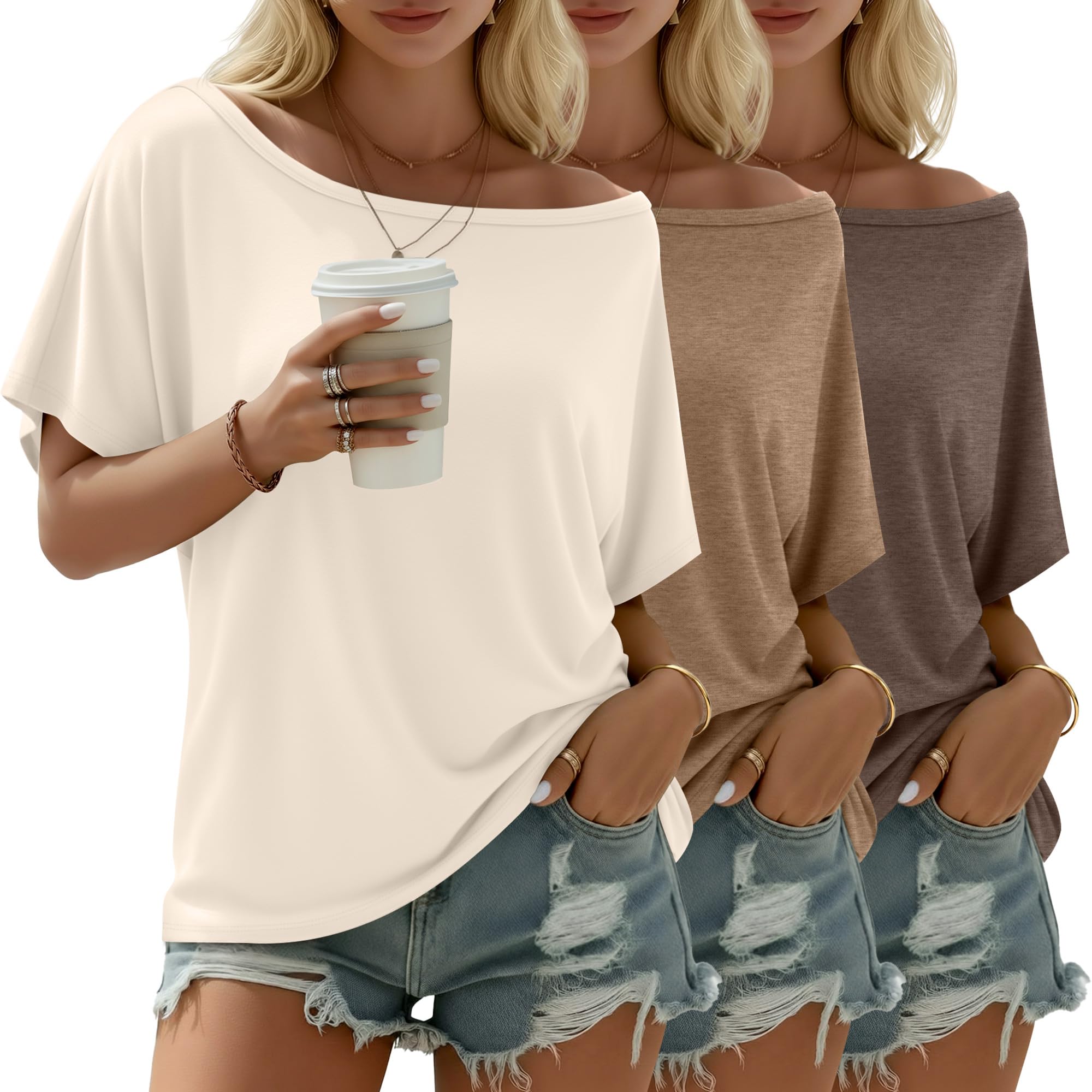 Riyiper Paquete de 3 Camisetas de Mujer con Hombros Descubiertos, Blusas holgadas y fluidas de Manga Corta, Camisetas Verano