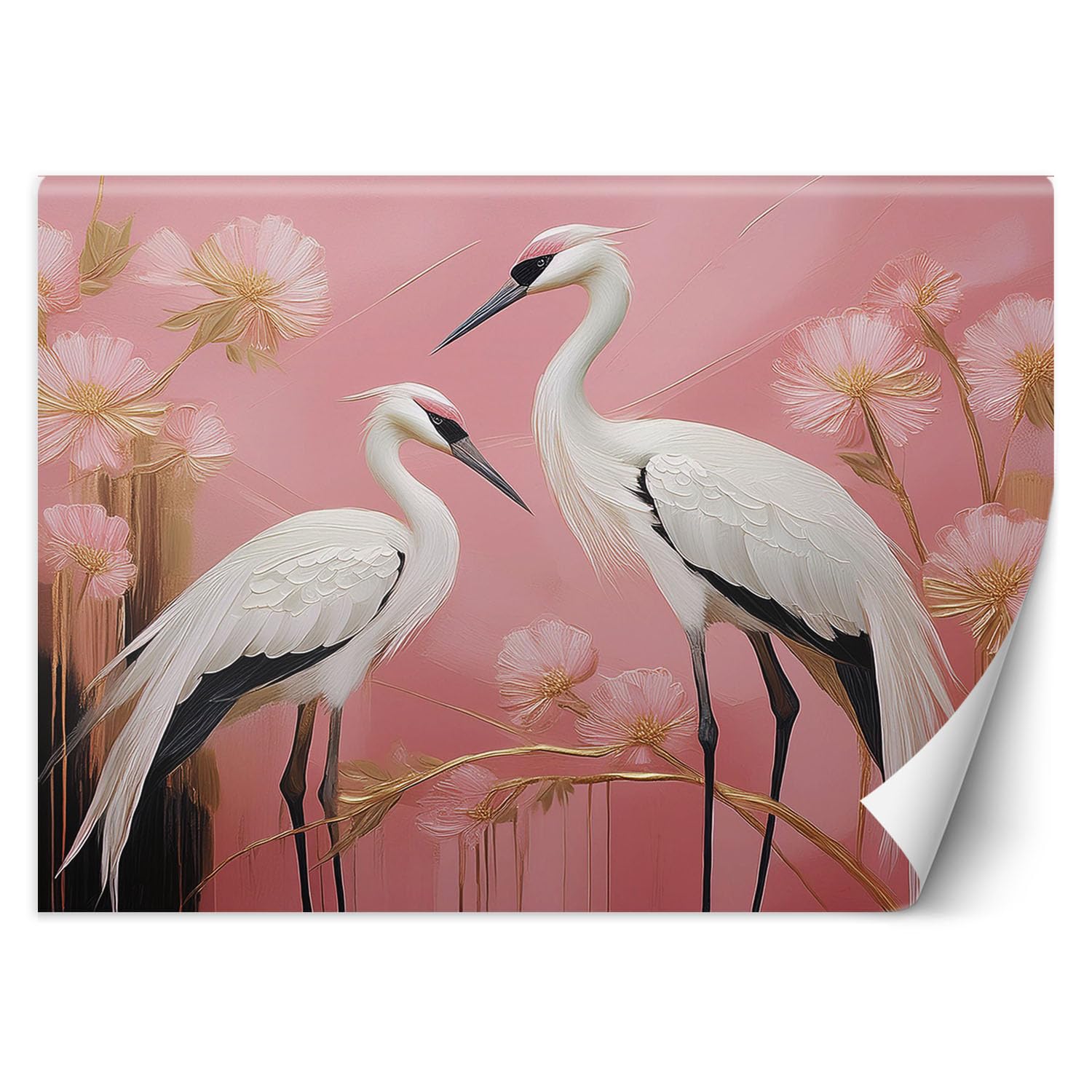 Papier peint 3d oiseaux grues roses pour salon moderne | Tapisserie Feeby