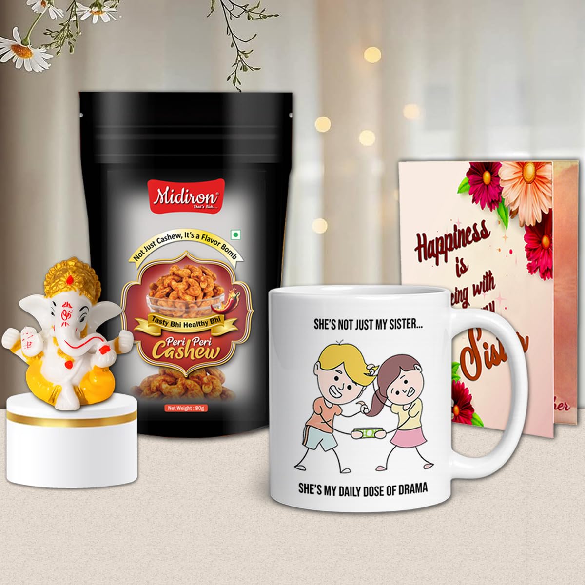 Midiron Premium Sister Gift Hamper with Coffee Mug, Lord Ganesha Idol, Peri Peri Cashews and Greeting Card | Rakhi & Birthday Gift-image-4