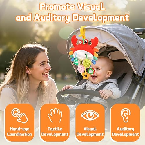 Miniatura 3 de Juguetes de asiento de automóvil para bebés de 0 a 6 meses, juguetes colgantes para bebés con cordones de tracción, sonajero, espejo de cangrejo con