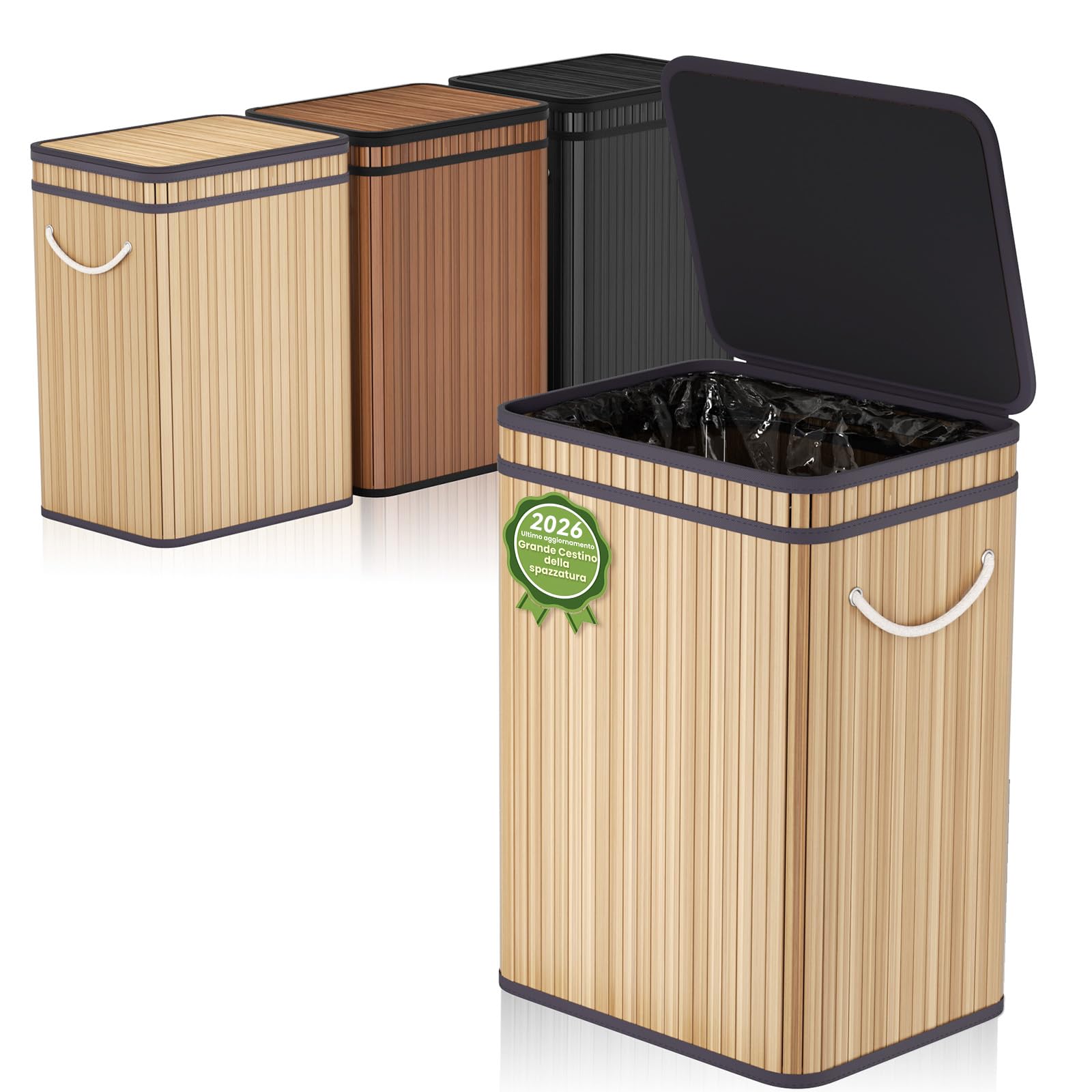Mihoho Pattumiera grande da 80 litri/21 galloni con coperchio, cestino per rifiuti in bambù, pattumiera per esterni/bidone per rifiuti per casa, ufficio, bagno, cucina 40X30X60 CM (kaki chiaro)
