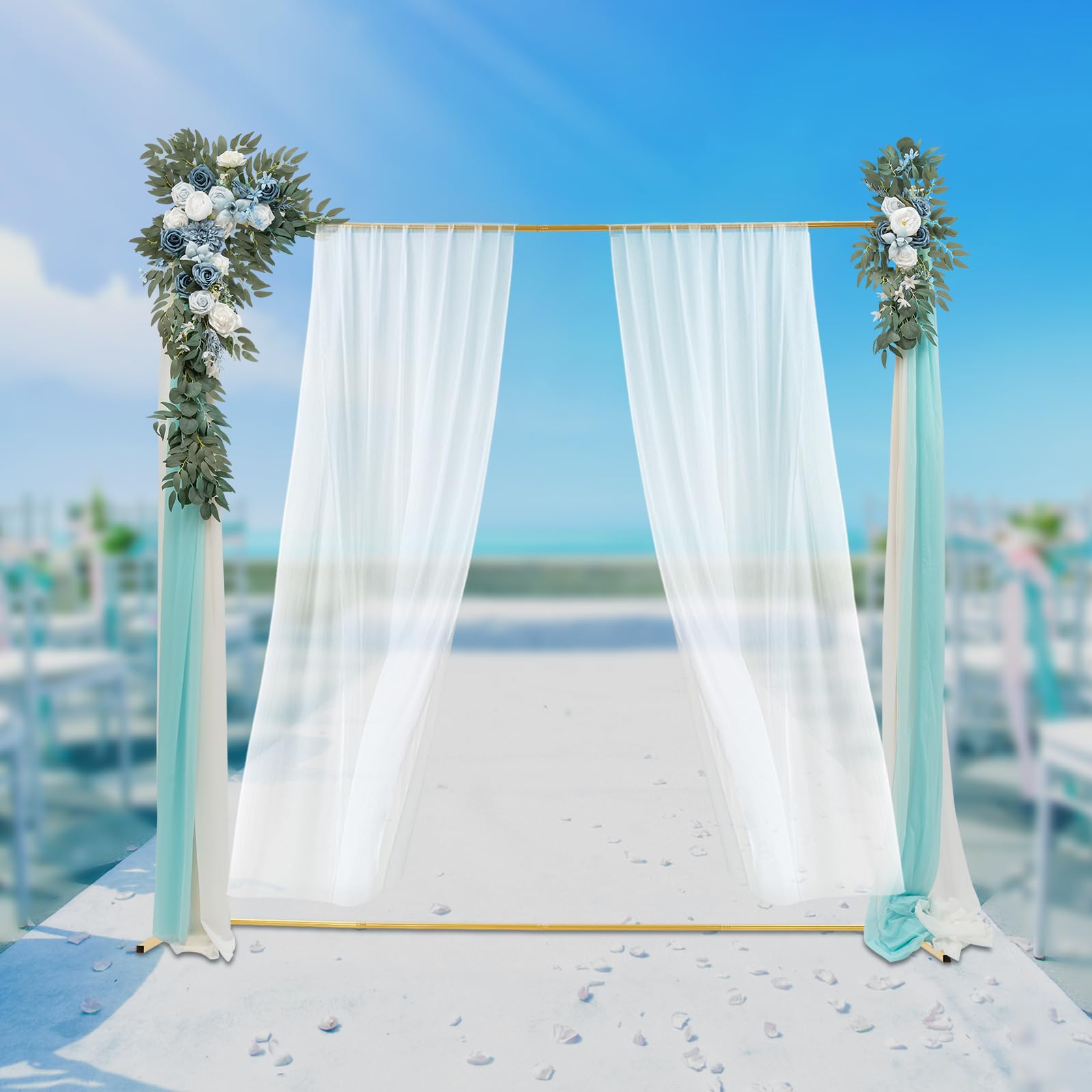 OUKANING Traubogen Hochzeit 2mx2m, Hochtemperatur-Einbrennlackierung, Eisen Hochzeitsbogen Eckig, Ballonbogen Gestell Mit Fuß Und Flügelmuttern (Gold Stand+weiß Abdeckung)