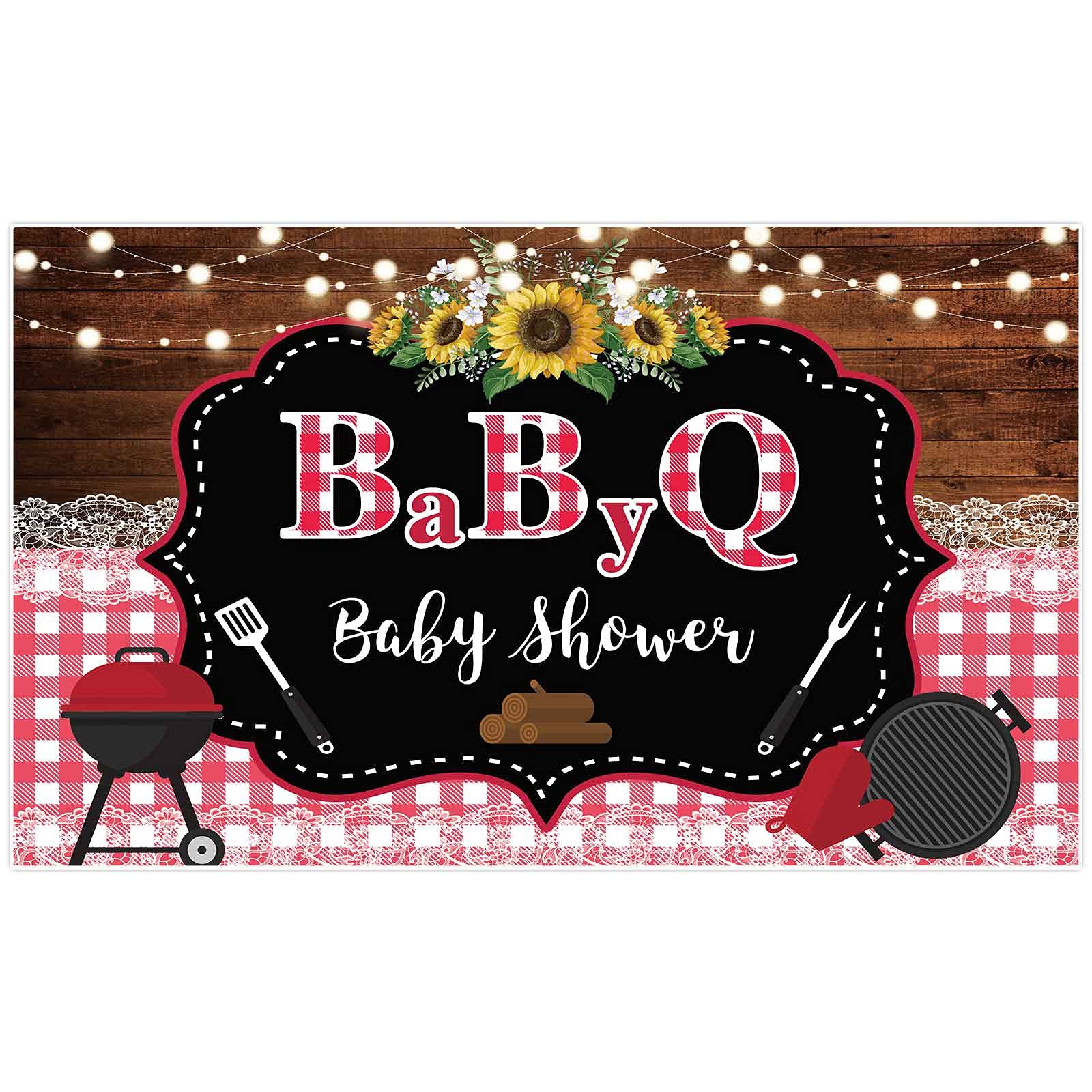 Allenjoy Bbq Baby Shower Backdrop Glitter Lights Rustic Wood Sunflowers ...