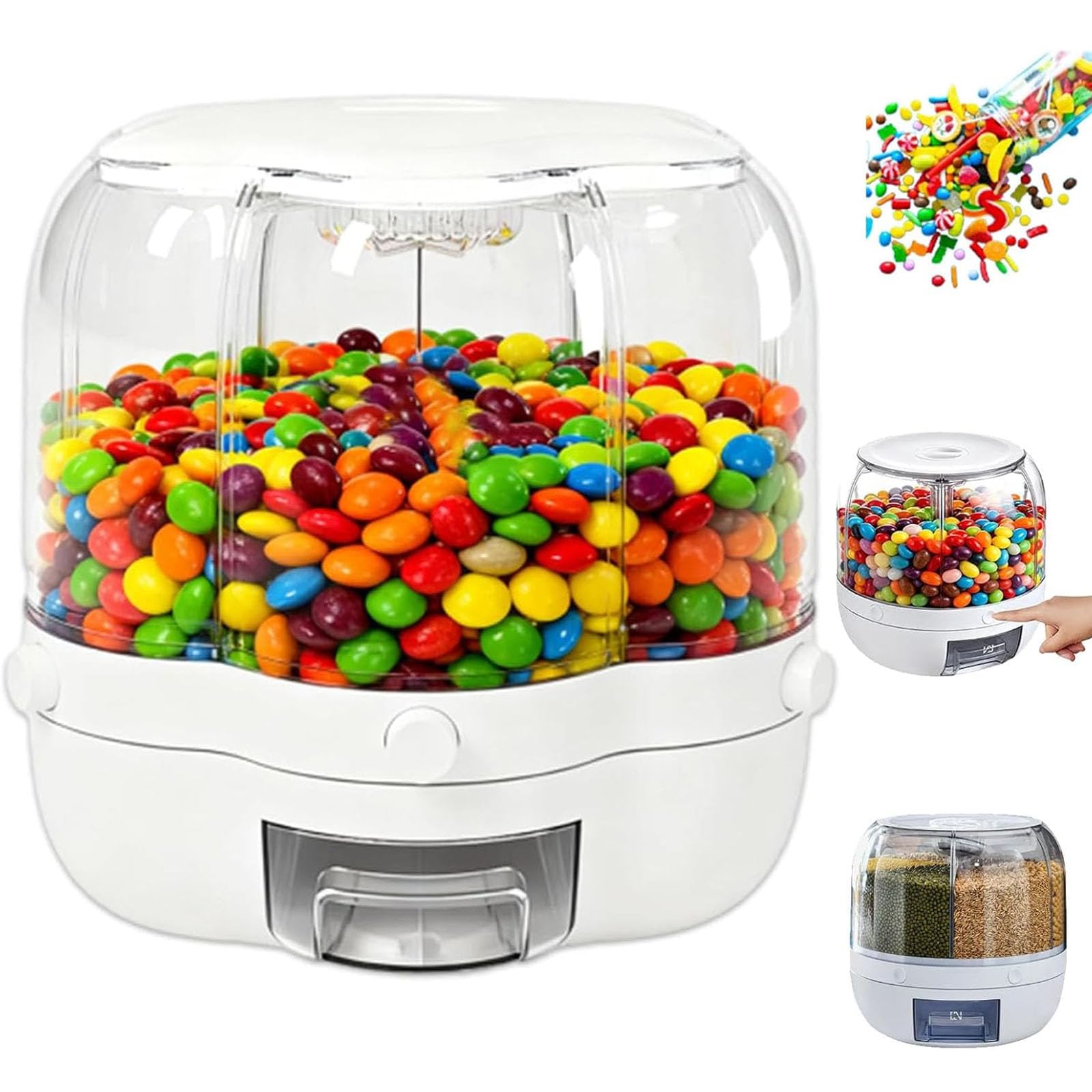 Dispensador de caramelos giratorio 360°, 6 compartimentos para aperitivos y granos, tipo prensa divertida con cajón transparente, almacenamiento de encimera para dulces y arroz