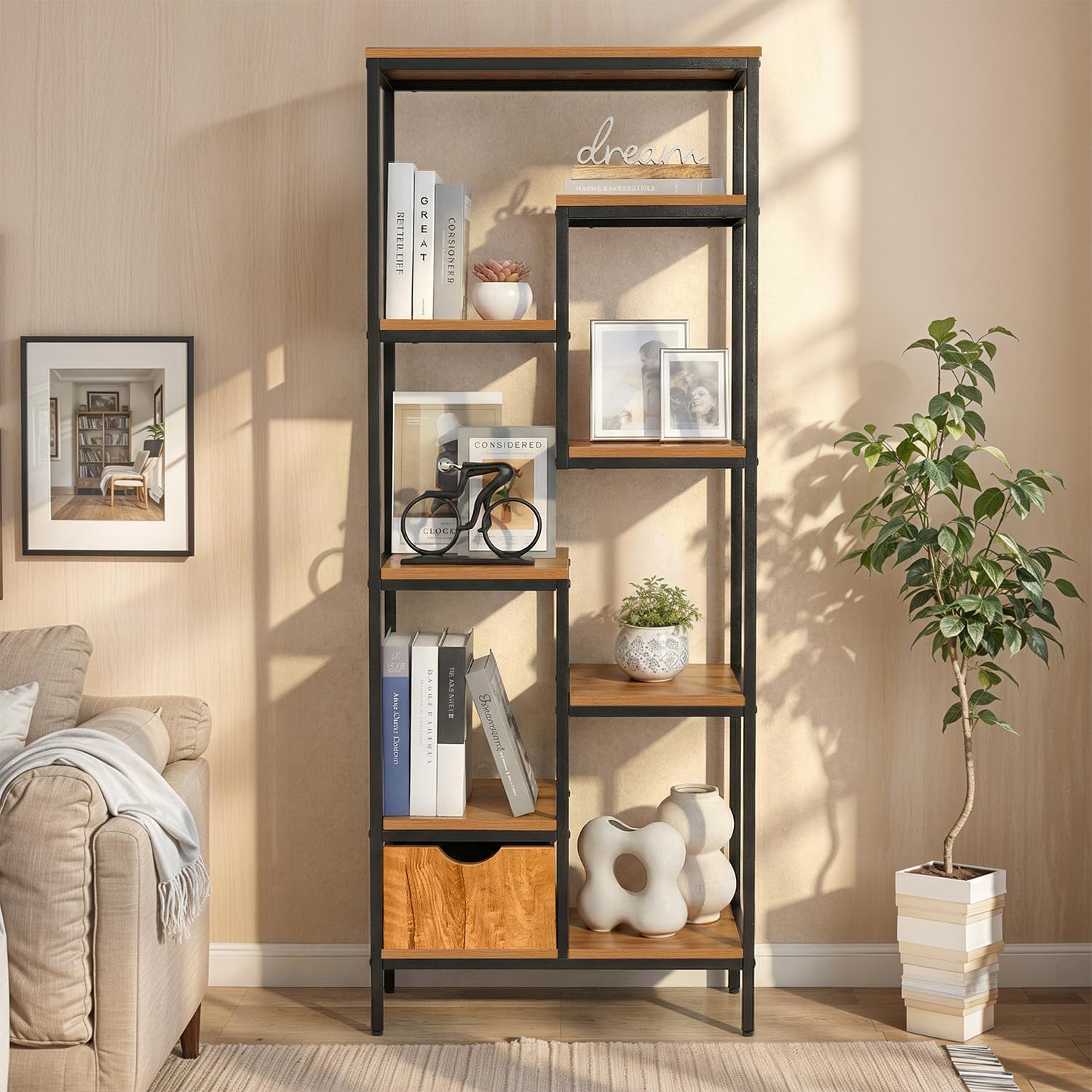 ABOUT SPACE Book Shelf for Home - 7 Shelves,1 Bottom Drawer, Modern 19mm Metal Frame|Engineered Wood Book Rack for Study Room, Book Organizer Stand for Library, Bedroom (L 58 x B 30 x H 158cm -Teak)-image-26