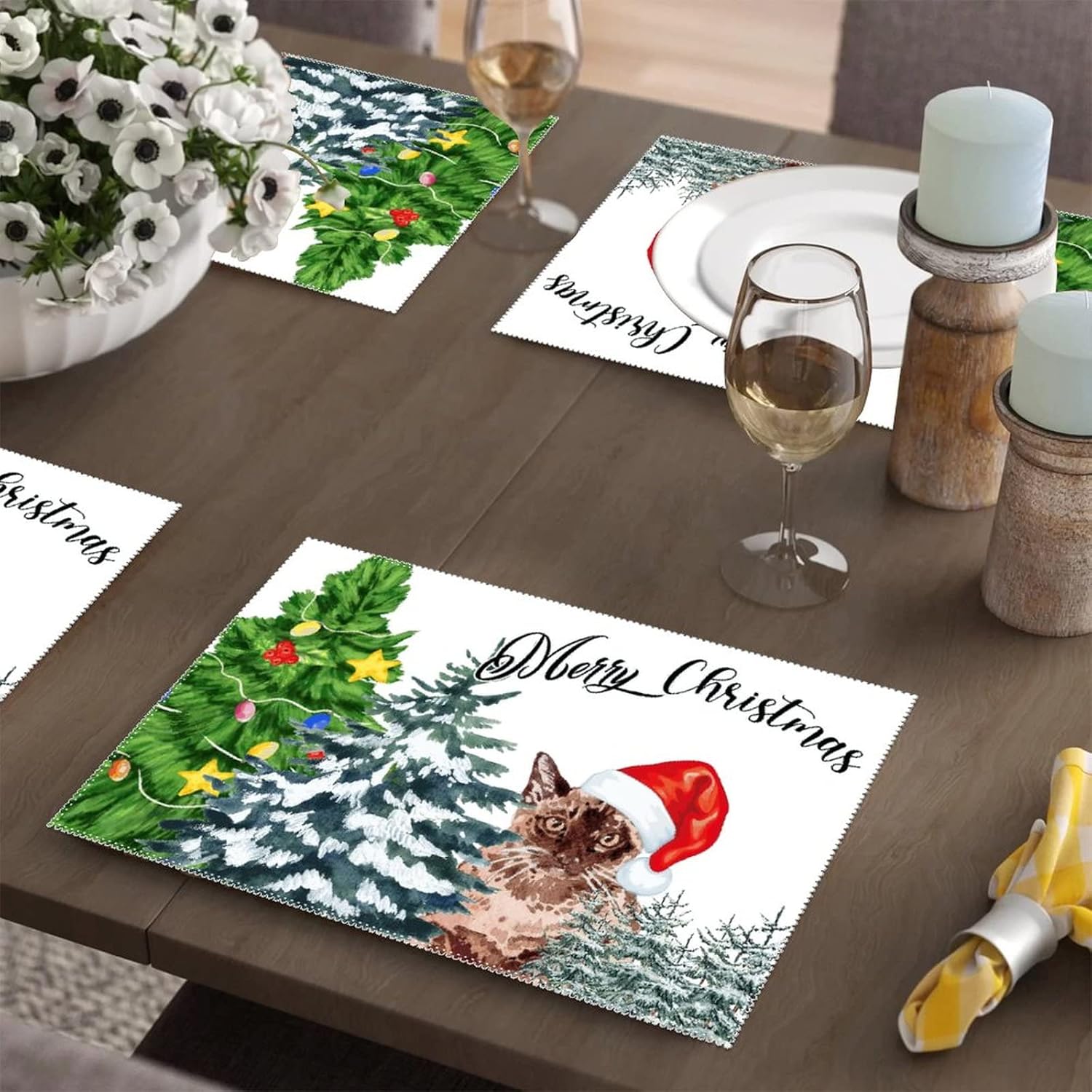 Placemat Meowy Christmas Cat Table Decoration Holiday Banquet Kitchen Dining Polyester Table Mat Set of 6 Meowy Catmas Cat with Red Hat Farmhouse Placemats Non Slip Washable Place Mats