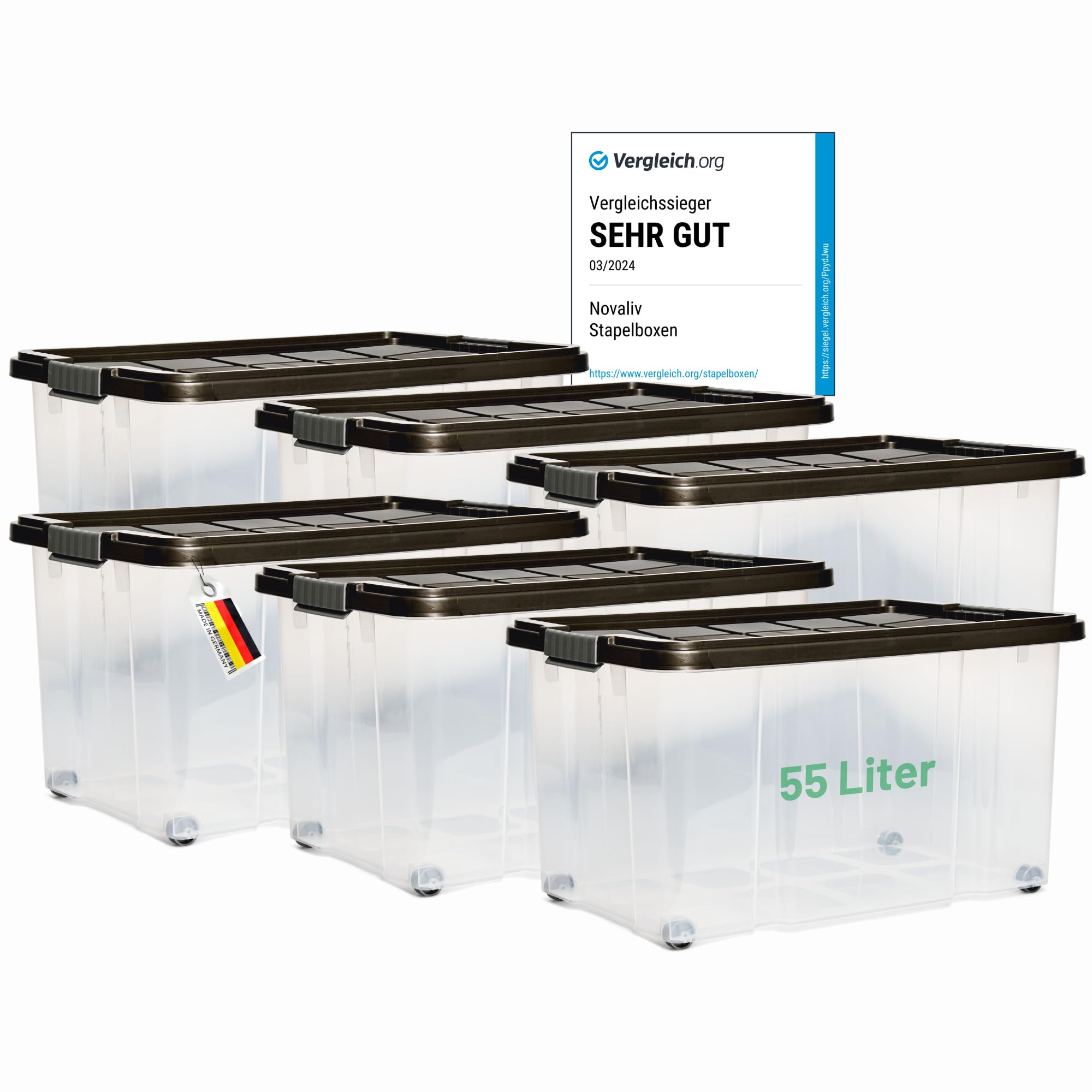 Novaliv 6x Aufbewahrungsboxen mit Deckel Groß 55L Anthrazit Nestbar stapelbar mit Clipverschluss Rollboxen Kunststoff BPA-frei 61x40x32,5 cm