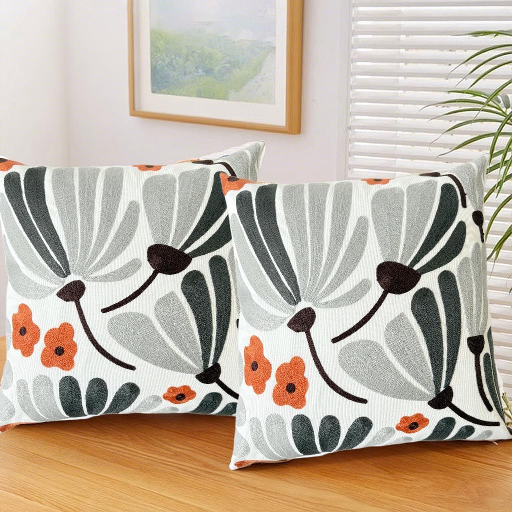 IcosaMro Pack of 2 Embroidered Floral Decorative Throw Pillow Covers 18x18 Inches Seasonal Boho Embroidery Pillow Cases for Outdoor Couch Sofa Bedroom Living Room Cotton Cushion Cover, Gray