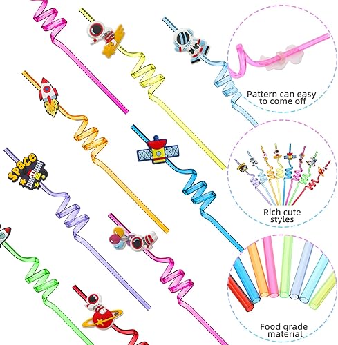 Miniatura 3 de Skyley 24 popotes del espacio exterior, reutilizables, sistema solar, cohete de plástico, astronauta, satélite, planeta, suministros de fiesta,