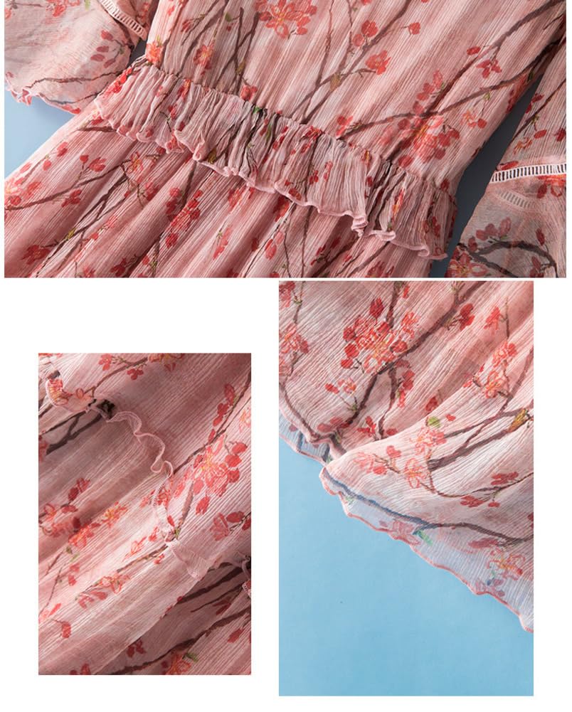 DISSA Damen Seidenkleid Midi Kurzarm V‑Ausschnitt Blumen,J2021