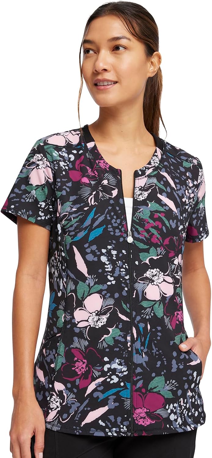 Cherokee Infinity Women Scrubs Top Round Neck Zip Front Print CK772 | Two Angled Welt Pockets, Contemporary Fit, Rib-Knit Neck Inset, Princess Seams, Shirttail Hem, Side Vents
