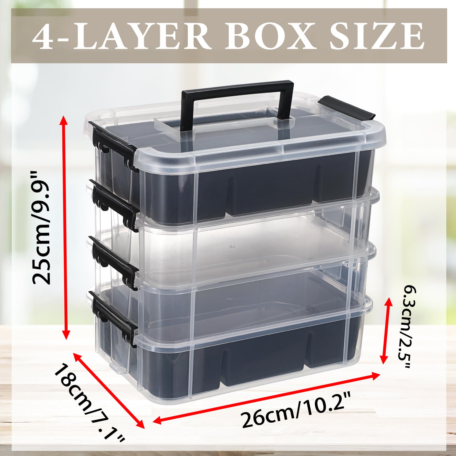 IGNPION Stapelbare Aufbewahrungsbox, 4-Ebenen-Verstellbare Kunststoff-Aufbewahrungsbox mit Tragegriff Transparente Organizer-Behälter für Kunst- und Bastelarbeiten, Spielzeug, Nähzubehör (Schwarz)