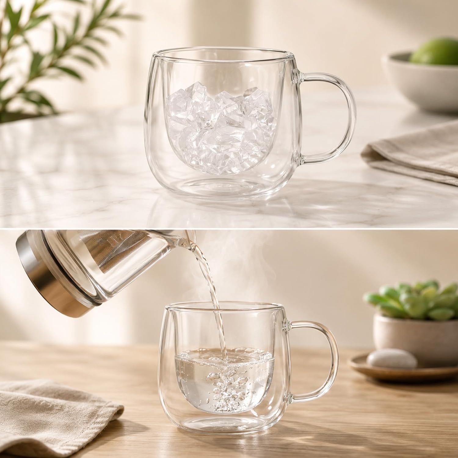 4 Pack Double Walled Glass Coffee Mugs with Handle