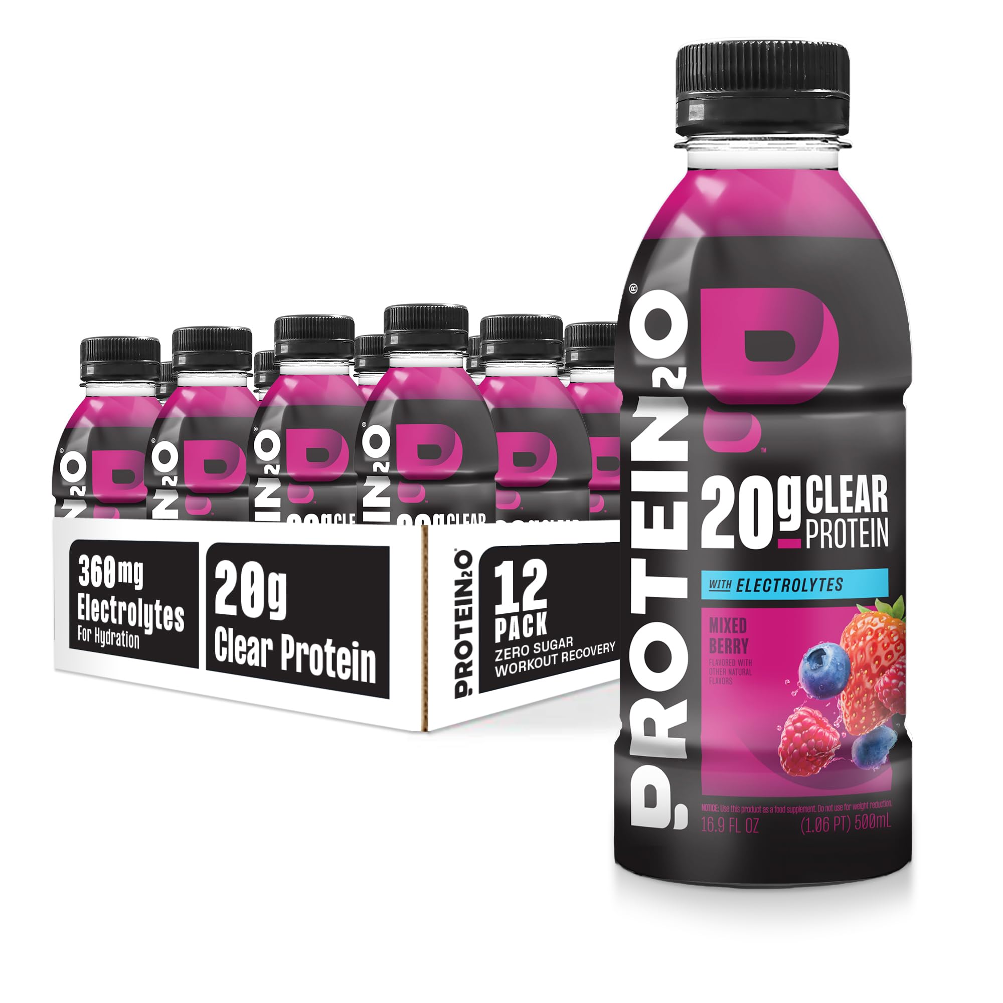 Protein2o Hydration Drink - 2-in-1 Liquid Clear Whey Protein Isolate and Electrolyte Drink - 20g Protein, Vitamins B5, B6 - Post-Workout Recovery - 16.9 Fl Oz - 12 Count Mixed Berry