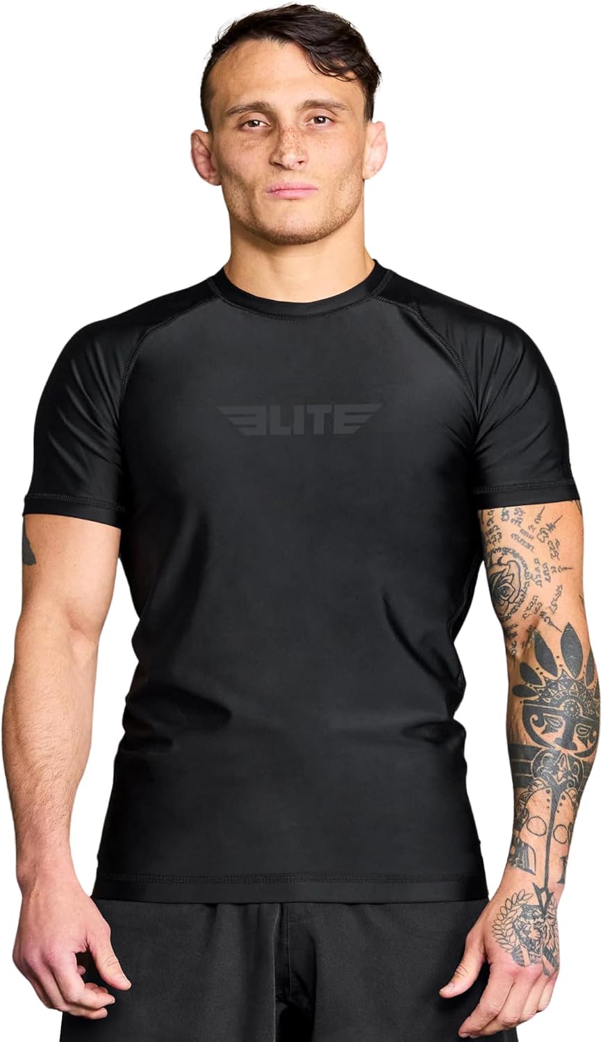 Elite Sports Jiu Jitsu BJJ Rash Guards, Men’s BJJ, No GI, MMA Ranked Short Sleeve Compression Base Layer Rash Guard
