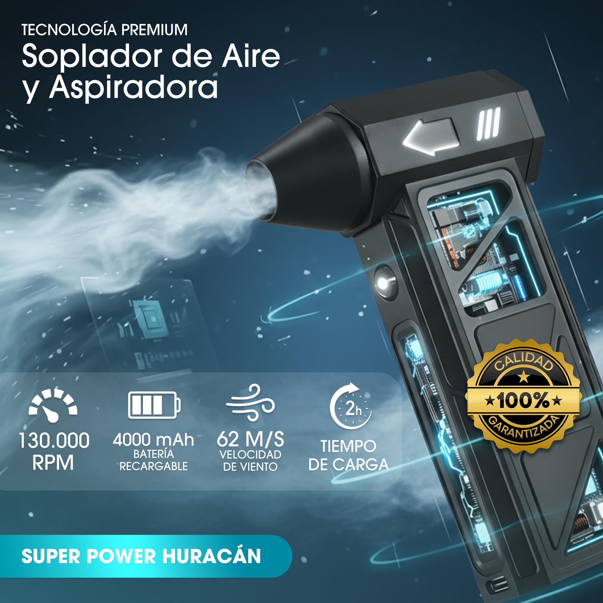 Super Pro Soplador De Aire Potente y Aspirador Mano 2 en 1, Pistola Aire Comprimido, 130000 RPM, Plumero de Aire Eléctrico con Bateria 4000 mAh, Soplador de Aire con Luz LED para PC, Limpieza Coche