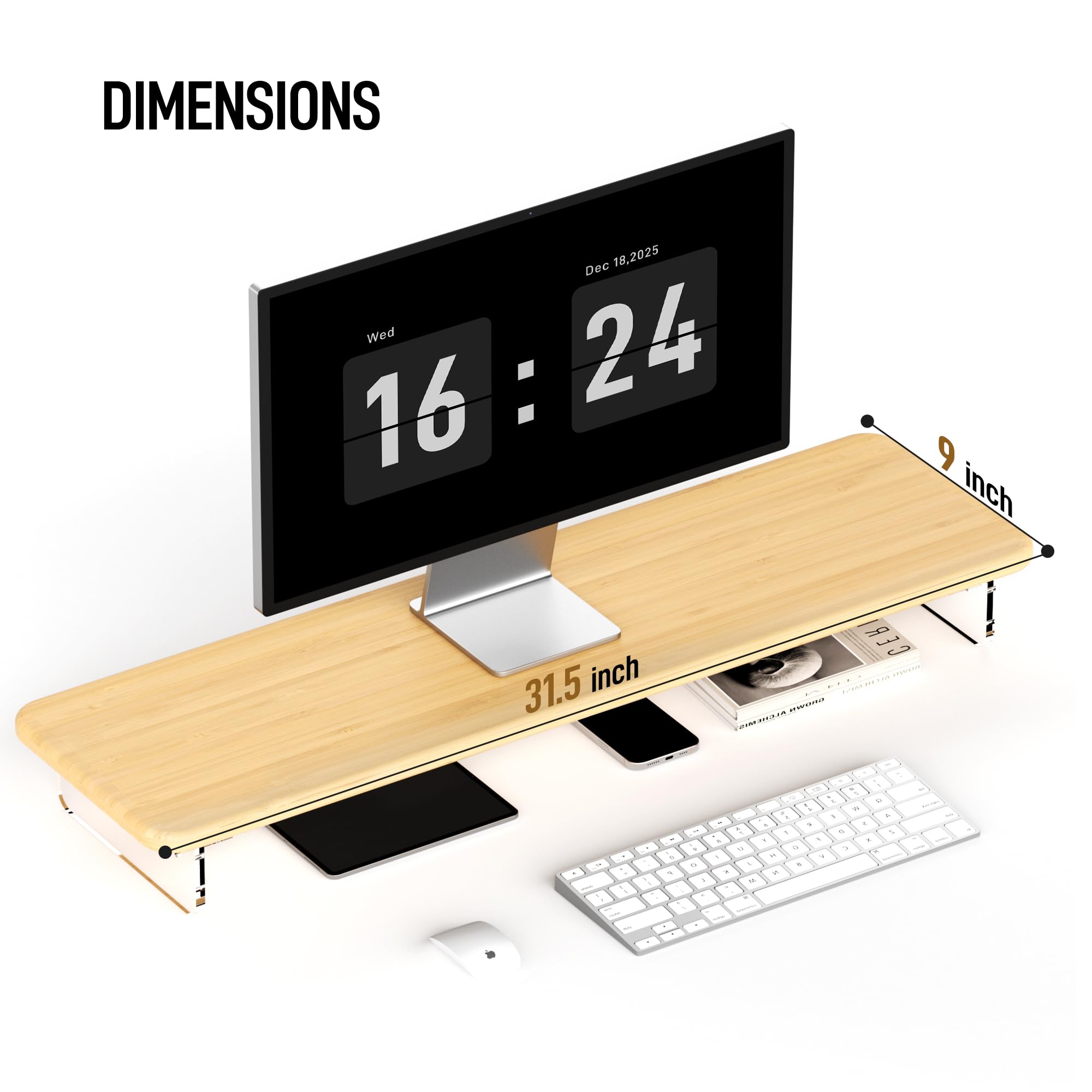 AFOOYO Supporto per monitor, in bambù e acrilico, supporto per monitor del computer con luce a LED, grande supporto per monitor da 31 pollici per scrivania, supporto organizer da scrivania per